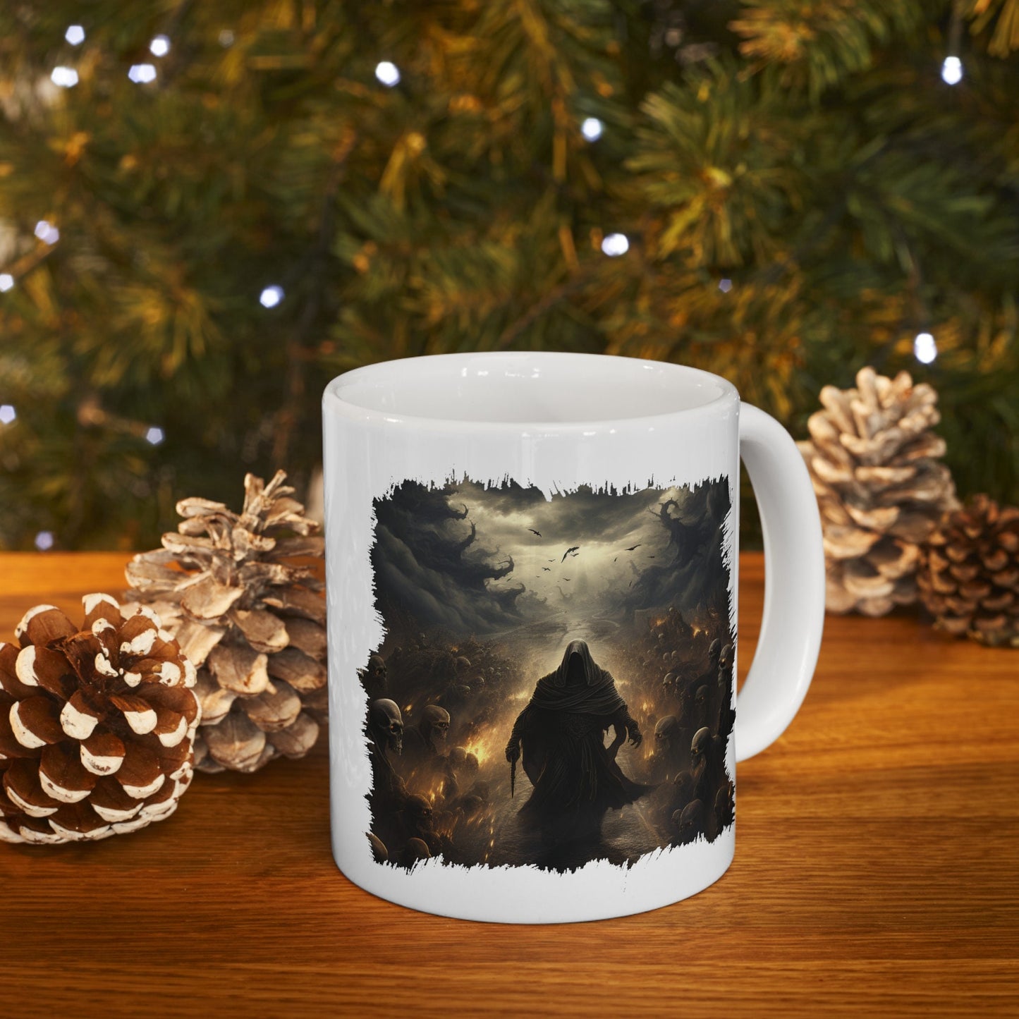 Grim Reaper Walking on Road to Hell with Skeletons Coffee Mug, Gothic Horror Graphic Cup, Dark Fantasy Art Drinkware