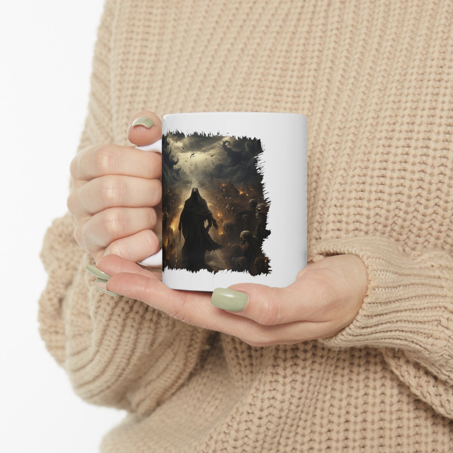 Grim Reaper Walking on Road to Hell with Skeletons Coffee Mug, Gothic Horror Graphic Cup, Dark Fantasy Art Drinkware