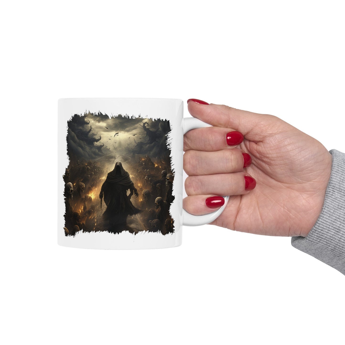 Grim Reaper Walking on Road to Hell with Skeletons Coffee Mug, Gothic Horror Graphic Cup, Dark Fantasy Art Drinkware