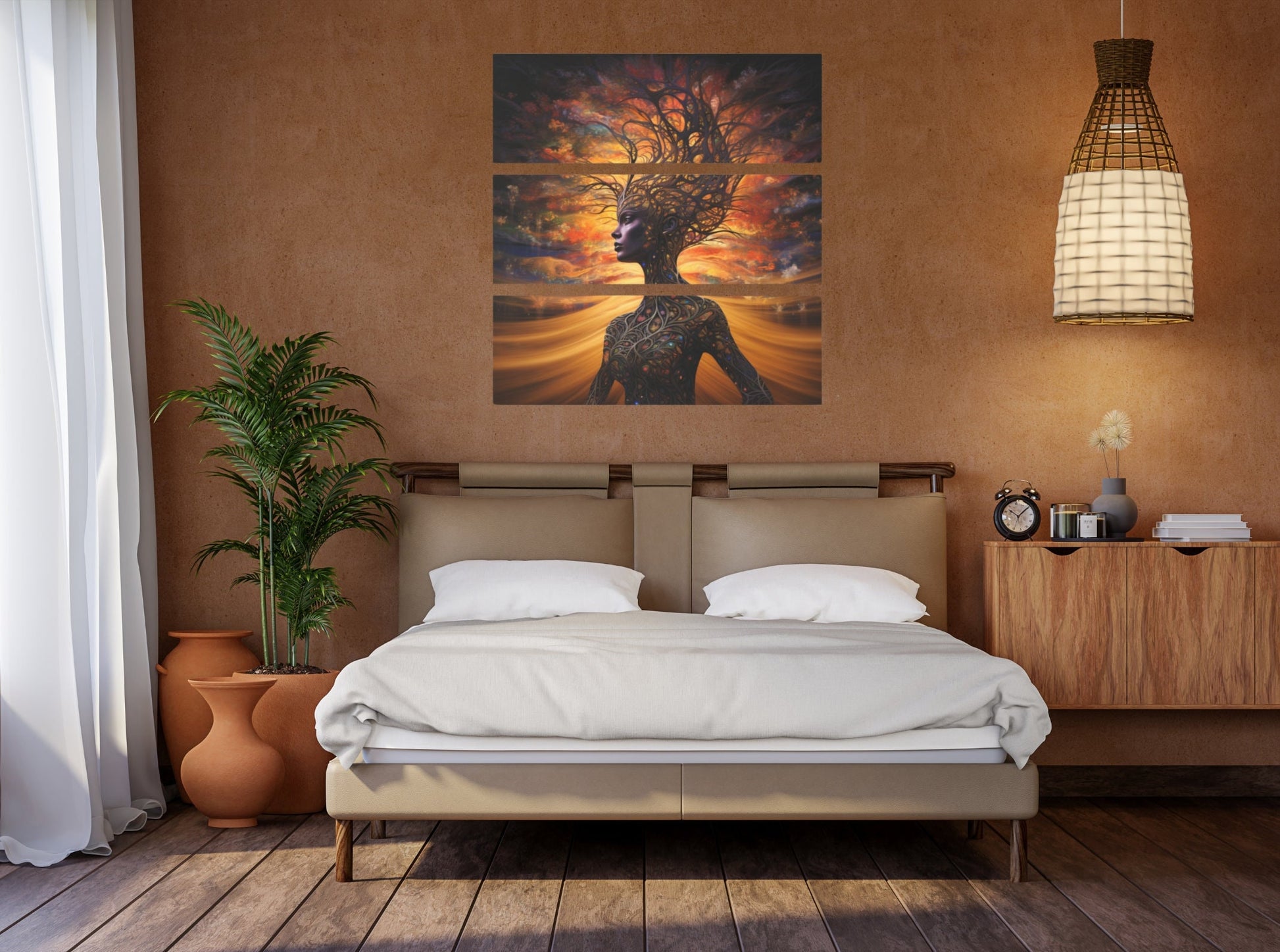 Breathtaking Image of Mother Earth on 3 Piece Acrylic Art. She is a Beautiful Woman of Flawless Brown Skin and her Body is made from Vines and Tree Branches as she stands in front of a golden sunset Sky. www. Scorpiontees.etsy.com