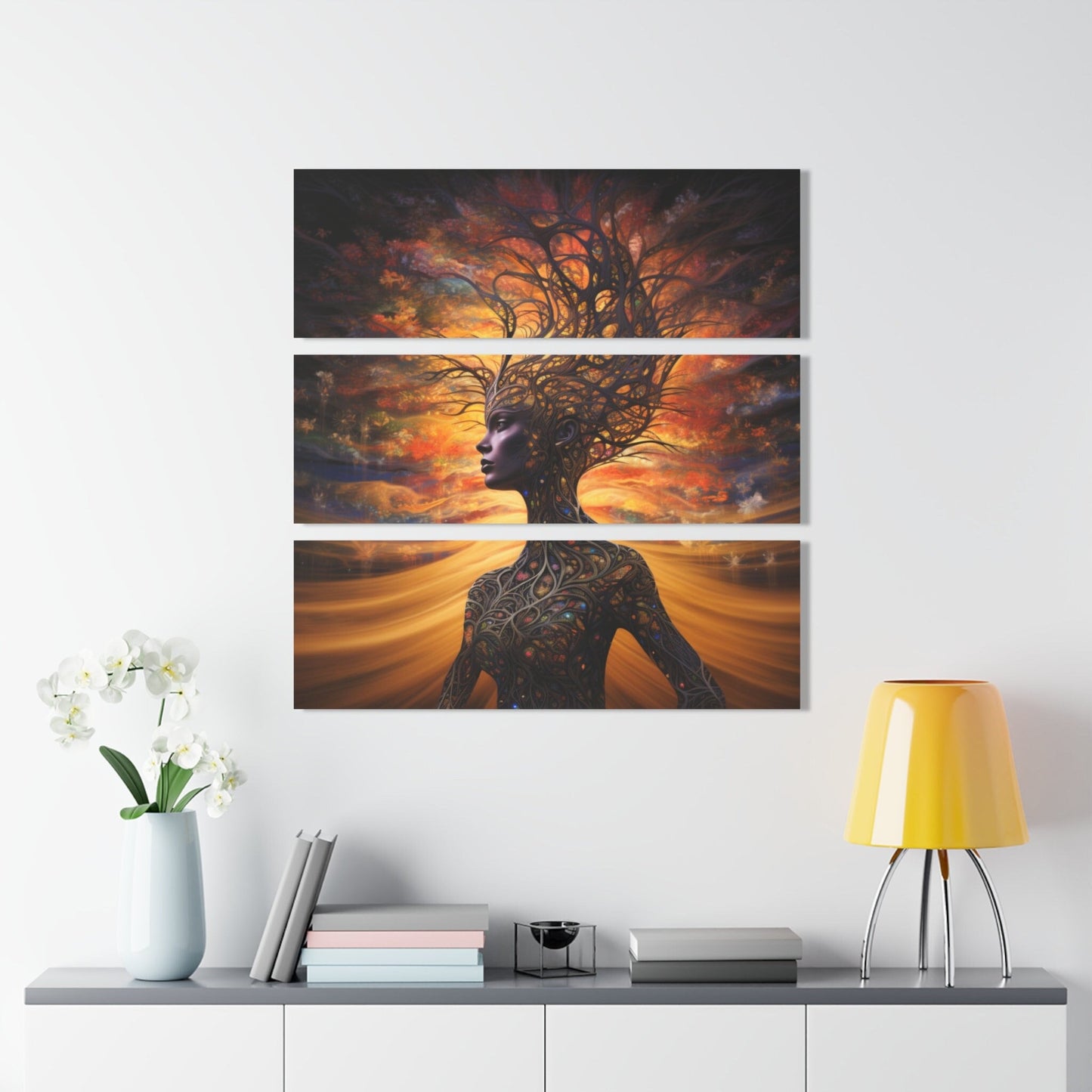 Breathtaking Image of Mother Earth on 3 Piece Acrylic Art. She is a Beautiful Woman of Flawless Brown Skin and her Body is made from Vines and Tree Branches as she stands in front of a golden sunset Sky. www. Scorpiontees.etsy.com