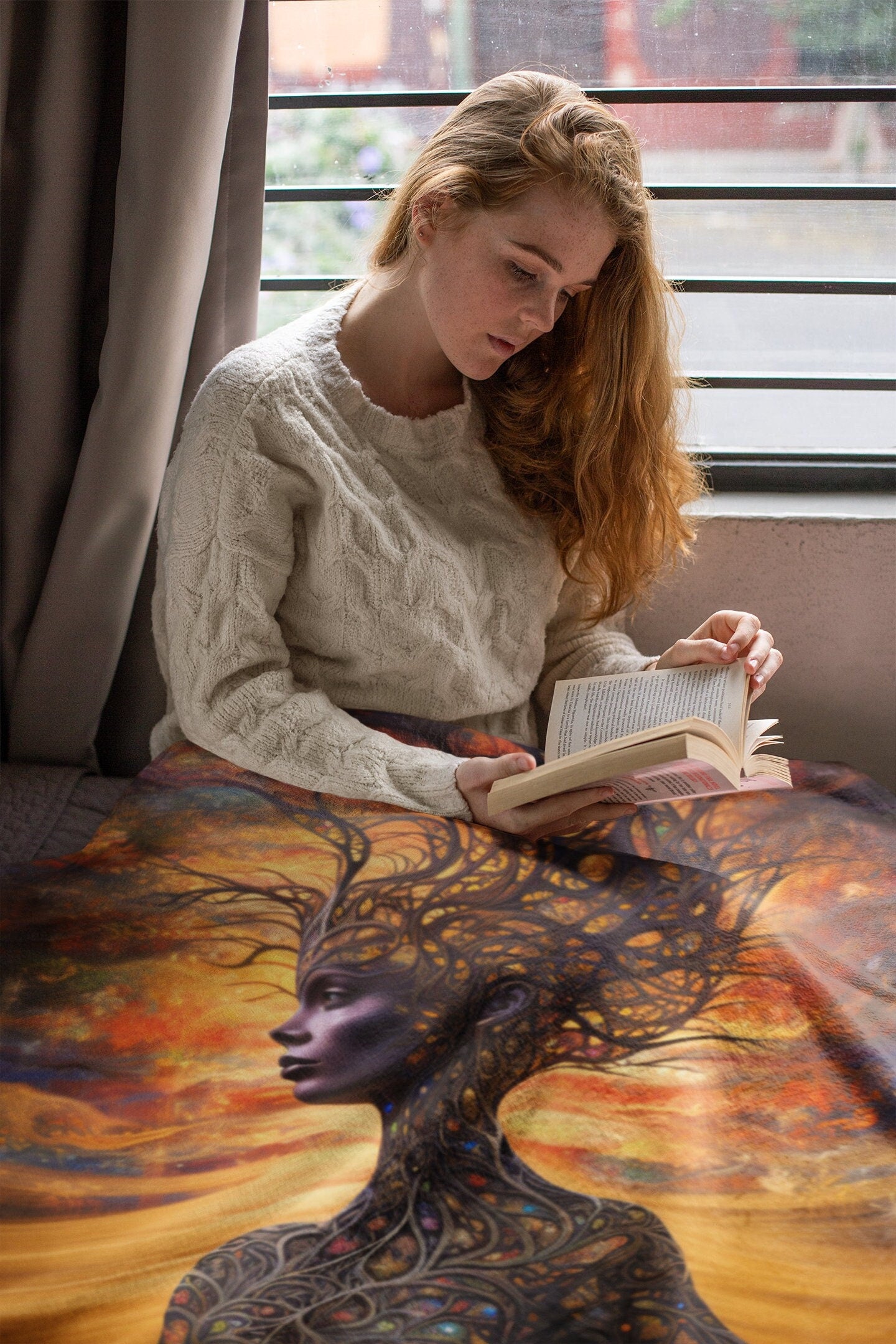 Beautiful, Warm and Cozy Mother Earth Blanket.  Available   Features a beautiful brown skin woman and her body is made of tree branches.  There is a golden sky at sunset behind her.  www.scorpiontees.etsy.com