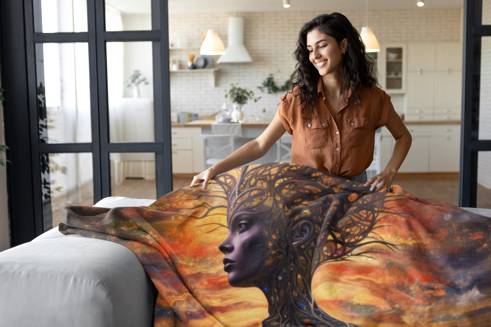 Beautiful, Warm and Cozy Mother Earth Blanket.  Available   Features a beautiful brown skin woman and her body is made of tree branches.  There is a golden sky at sunset behind her.  www.scorpiontees.etsy.com