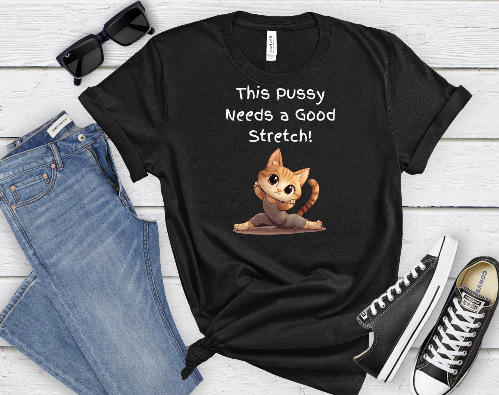 Bella and Canvas 3001 T Shirt with the Words This pussy needs a good stretch in finger paint font. Below the words there is a Cartoon cat stretching doing a split. Hilarious sexy shirt while stylish and comfortable