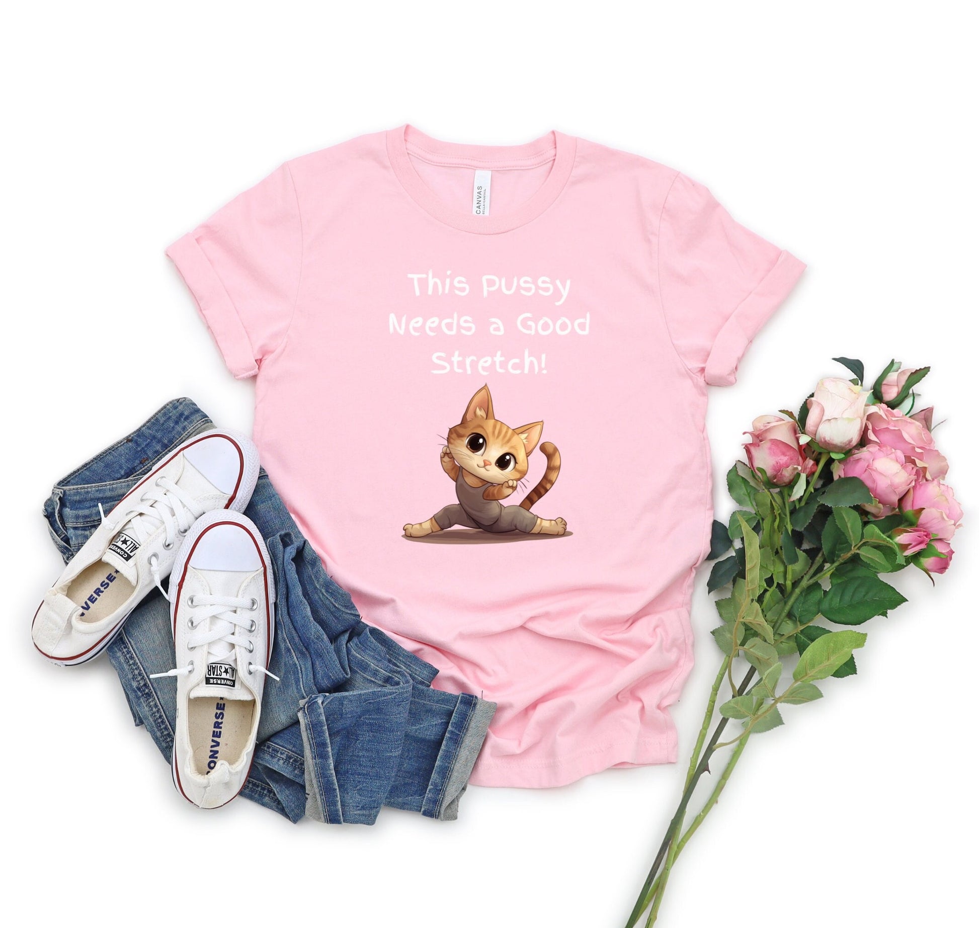 Bella and Canvas 3001 T Shirt with the Words This pussy needs a good stretch in finger paint font. Below the words there is a Cartoon cat stretching doing a split. Hilarious sexy shirt while stylish and comfortable