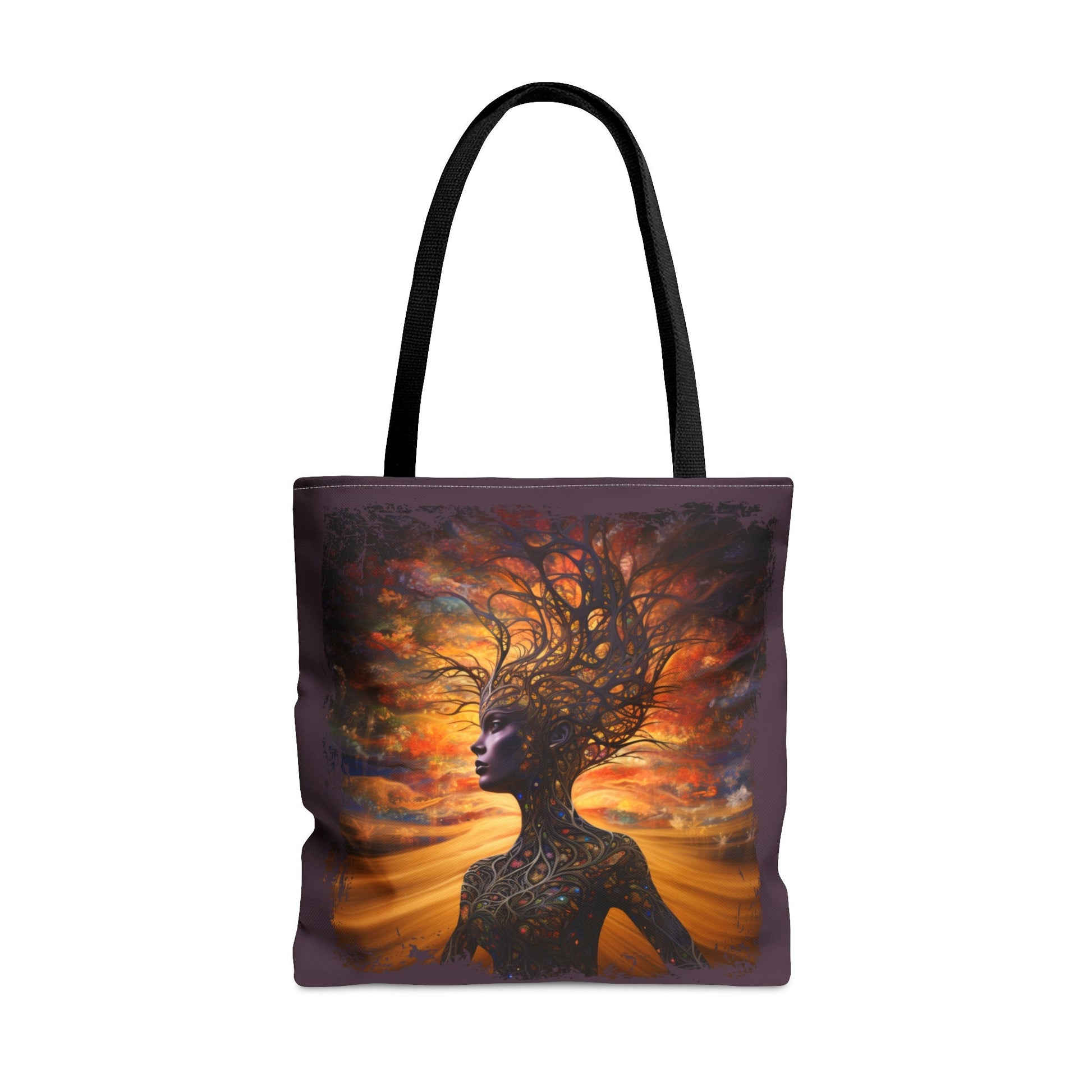 Beautiful and Convenient Mother Earth Tote bag.  Available in White or Earthy Brown backgrounds.  Features a beautiful brown skin woman and her body is made of tree branches.  There is a golden sky at sunset behind her.  www.scorpiontees.etsy.com