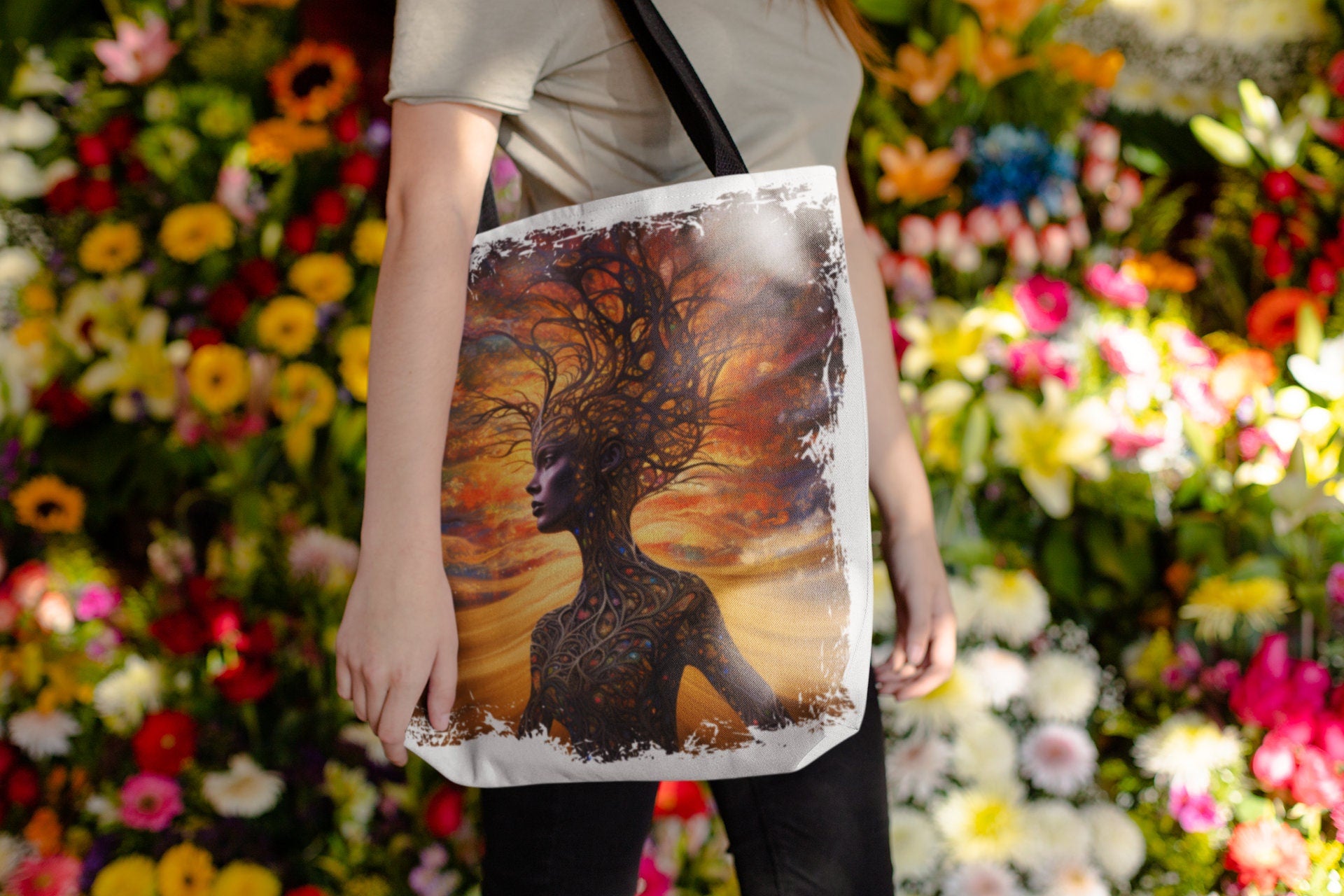 Beautiful and Convenient Mother Earth Tote bag.  Available in White or Earthy Brown backgrounds.  Features a beautiful brown skin woman and her body is made of tree branches.  There is a golden sky at sunset behind her.  www.scorpiontees.etsy.com