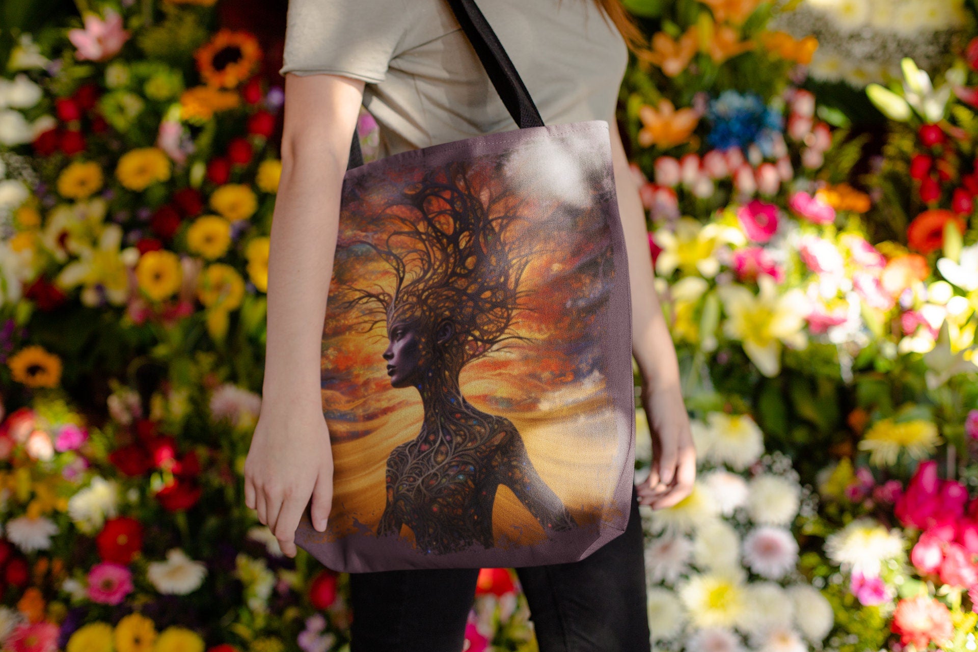 Beautiful and Convenient Mother Earth Tote bag.  Available in White or Earthy Brown backgrounds.  Features a beautiful brown skin woman and her body is made of tree branches.  There is a golden sky at sunset behind her.  www.scorpiontees.etsy.com