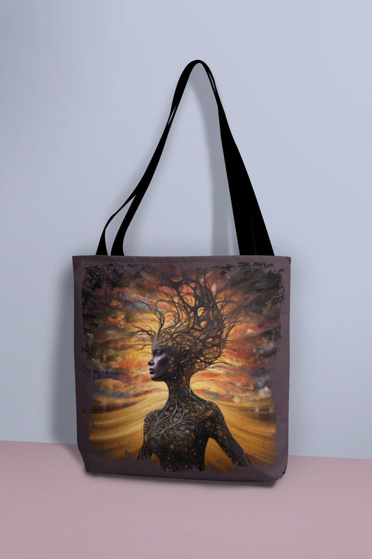 Beautiful and Convenient Mother Earth Tote bag.  Available in White or Earthy Brown backgrounds.  Features a beautiful brown skin woman and her body is made of tree branches.  There is a golden sky at sunset behind her.  www.scorpiontees.etsy.com