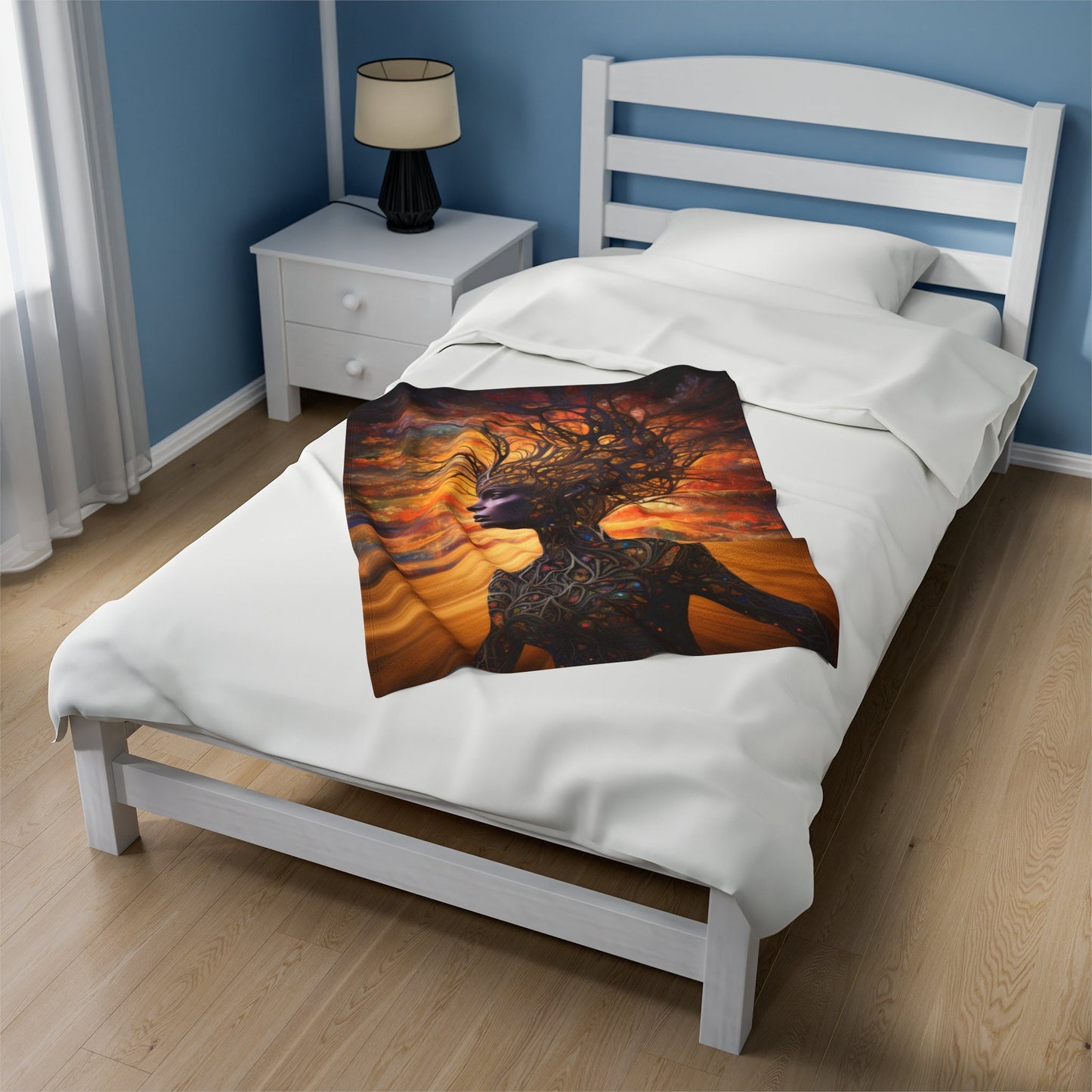 Beautiful, Warm and Cozy Mother Earth Blanket.  Available   Features a beautiful brown skin woman and her body is made of tree branches.  There is a golden sky at sunset behind her.  www.scorpiontees.etsy.com
