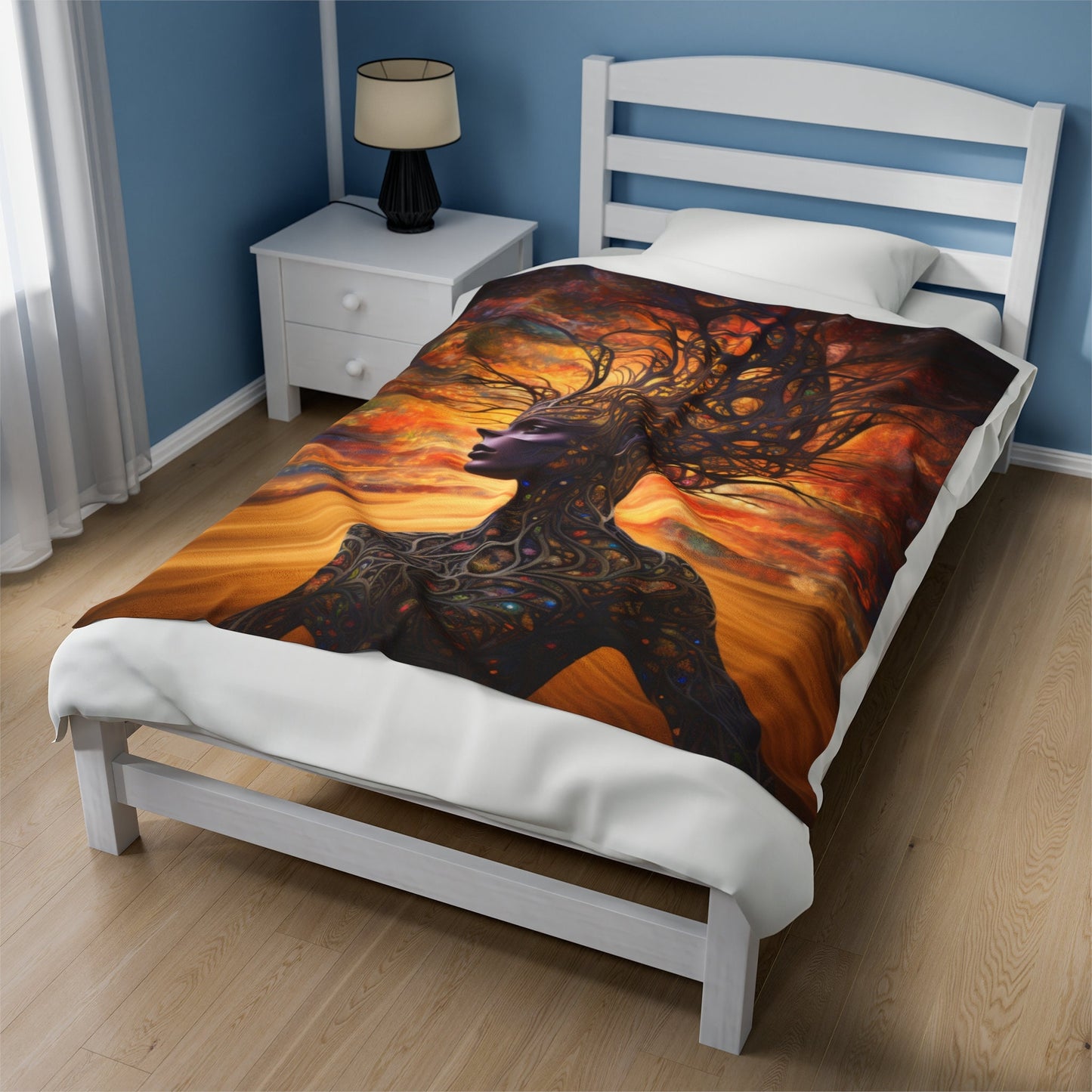 Beautiful, Warm and Cozy Mother Earth Blanket.  Available   Features a beautiful brown skin woman and her body is made of tree branches.  There is a golden sky at sunset behind her.  www.scorpiontees.etsy.com
