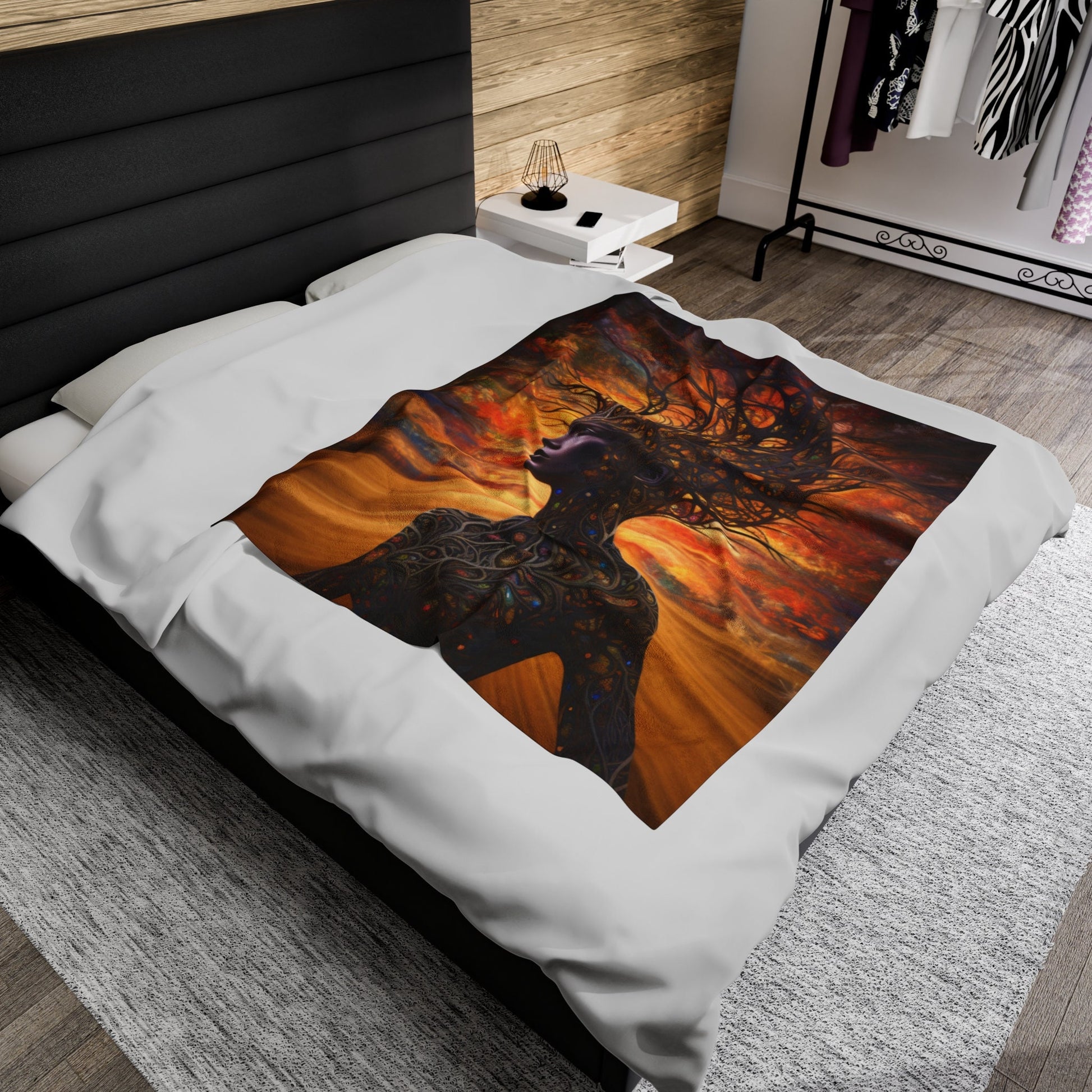 Beautiful, Warm and Cozy Mother Earth Blanket.  Available   Features a beautiful brown skin woman and her body is made of tree branches.  There is a golden sky at sunset behind her.  www.scorpiontees.etsy.com
