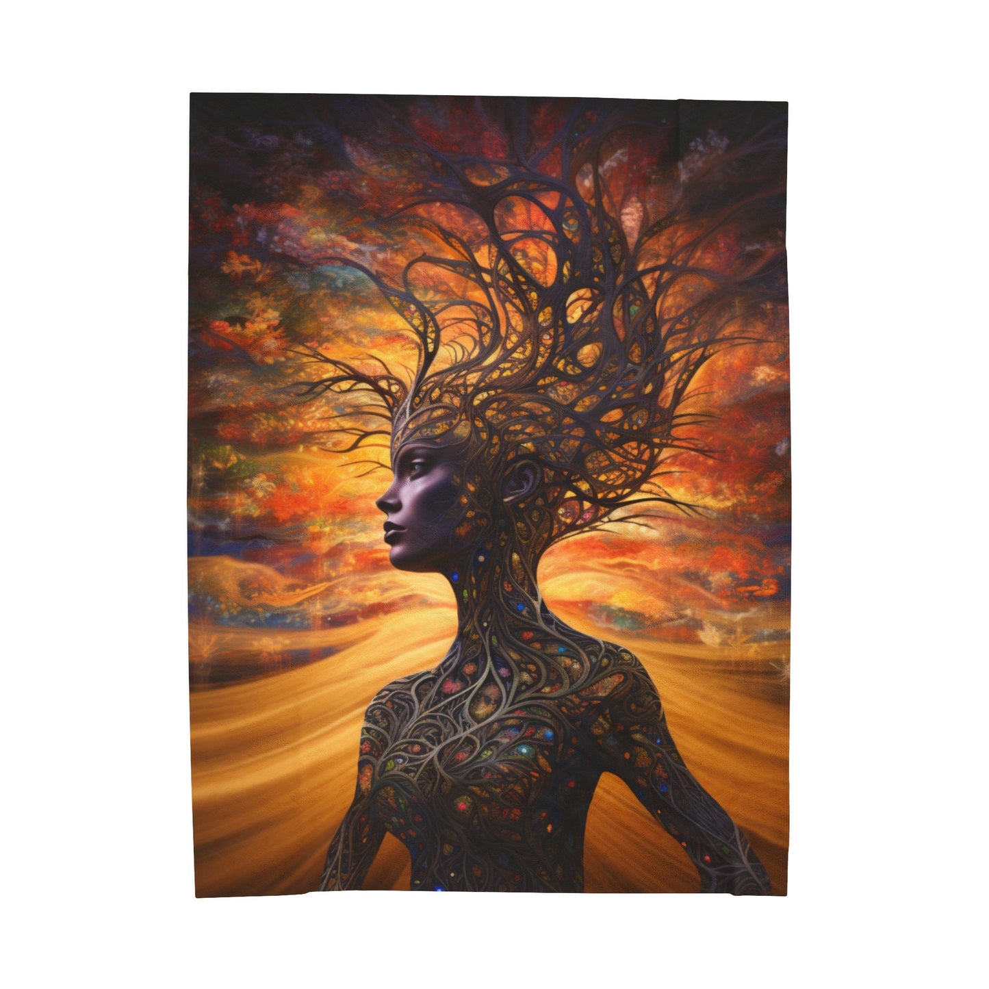 Beautiful, Warm and Cozy Mother Earth Blanket.  Available   Features a beautiful brown skin woman and her body is made of tree branches.  There is a golden sky at sunset behind her.  www.scorpiontees.etsy.com