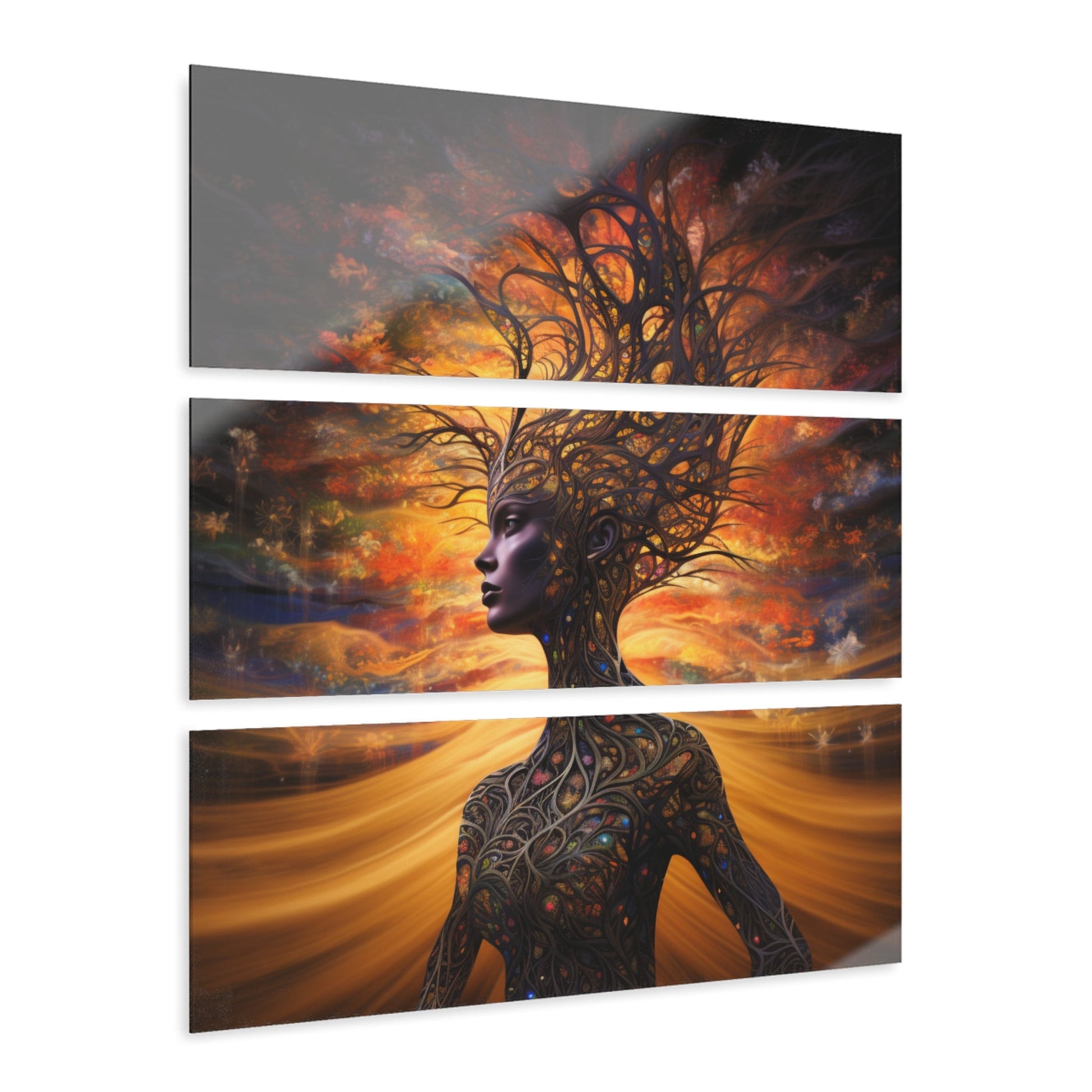 Breathtaking Image of Mother Earth on 3 Piece Acrylic Art. She is a Beautiful Woman of Flawless Brown Skin and her Body is made from Vines and Tree Branches as she stands in front of a golden sunset Sky. www. Scorpiontees.etsy.com