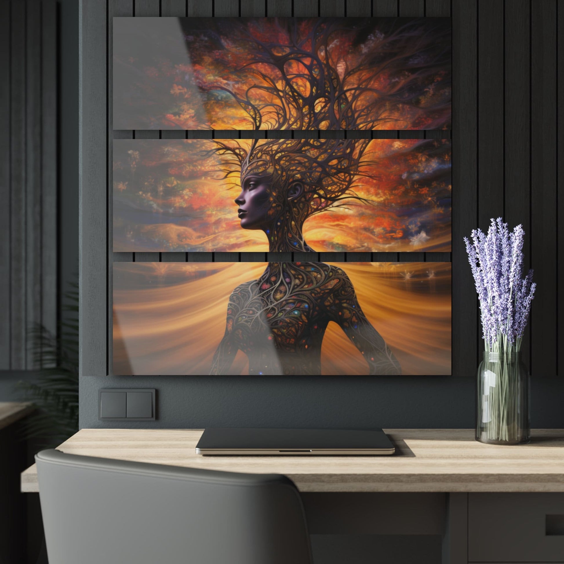 Breathtaking Image of Mother Earth on 3 Piece Acrylic Art. She is a Beautiful Woman of Flawless Brown Skin and her Body is made from Vines and Tree Branches as she stands in front of a golden sunset Sky. www. Scorpiontees.etsy.com