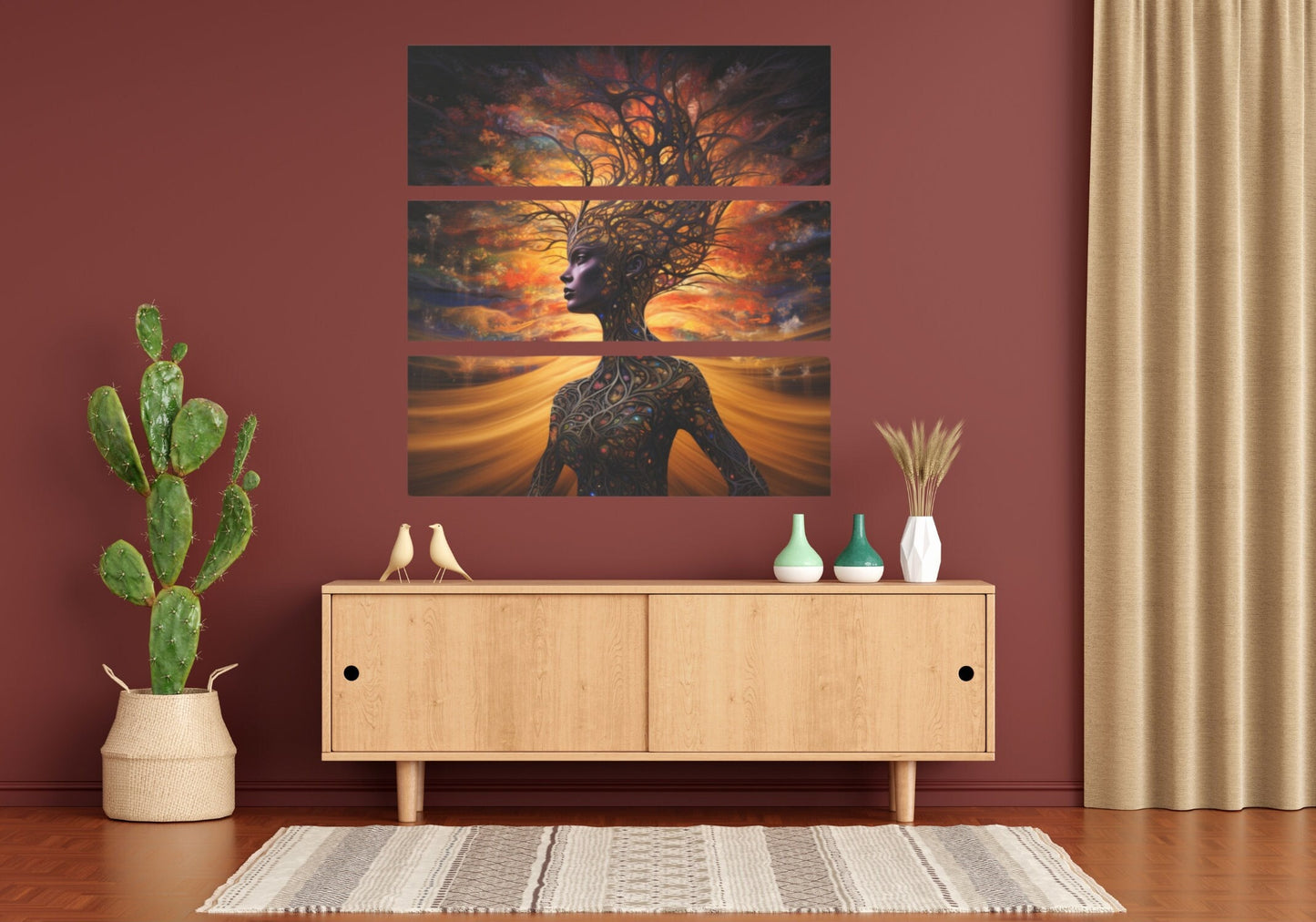 Breathtaking Image of Mother Earth on 3 Piece Acrylic Art. She is a Beautiful Woman of Flawless Brown Skin and her Body is made from Vines and Tree Branches as she stands in front of a golden sunset Sky. www. Scorpiontees.etsy.com
