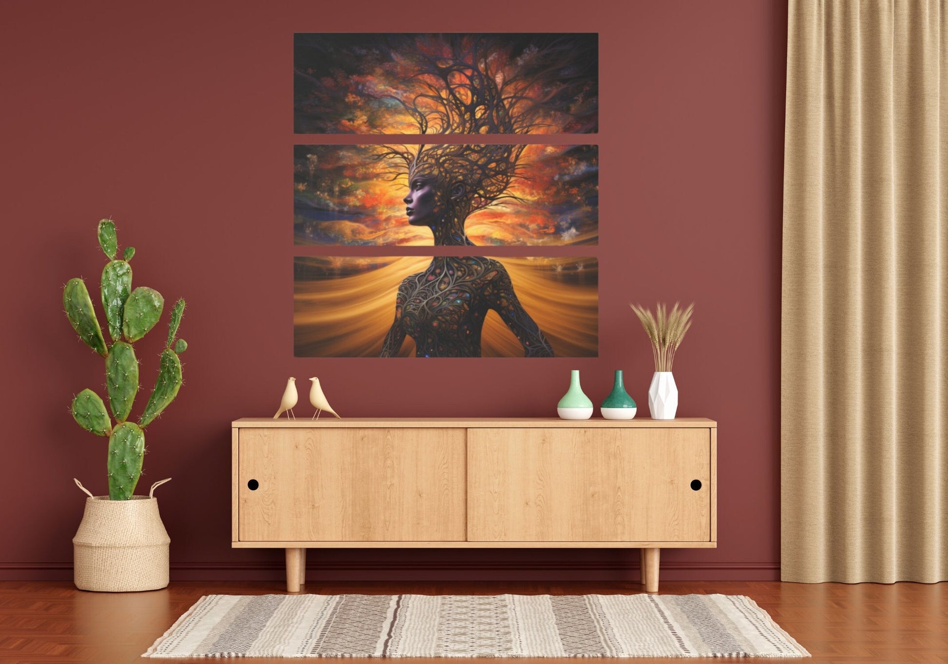 Breathtaking Image of Mother Earth on 3 Piece Acrylic Art. She is a Beautiful Woman of Flawless Brown Skin and her Body is made from Vines and Tree Branches as she stands in front of a golden sunset Sky. www. Scorpiontees.etsy.com