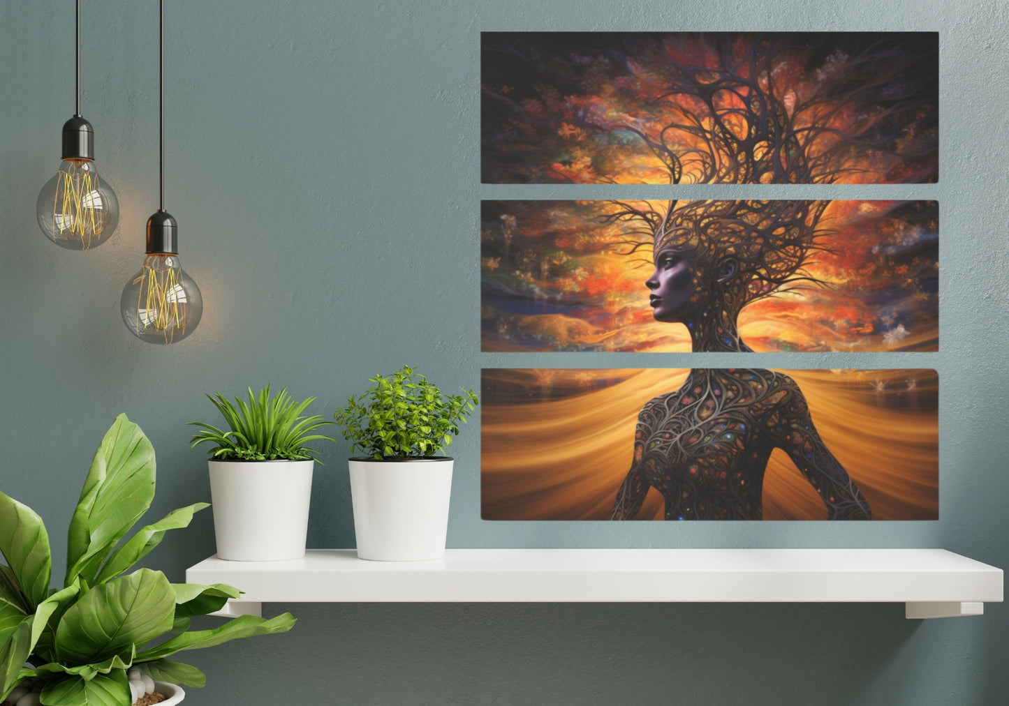 Breathtaking Image of Mother Earth on 3 Piece Acrylic Art. She is a Beautiful Woman of Flawless Brown Skin and her Body is made from Vines and Tree Branches as she stands in front of a golden sunset Sky. www. Scorpiontees.etsy.com