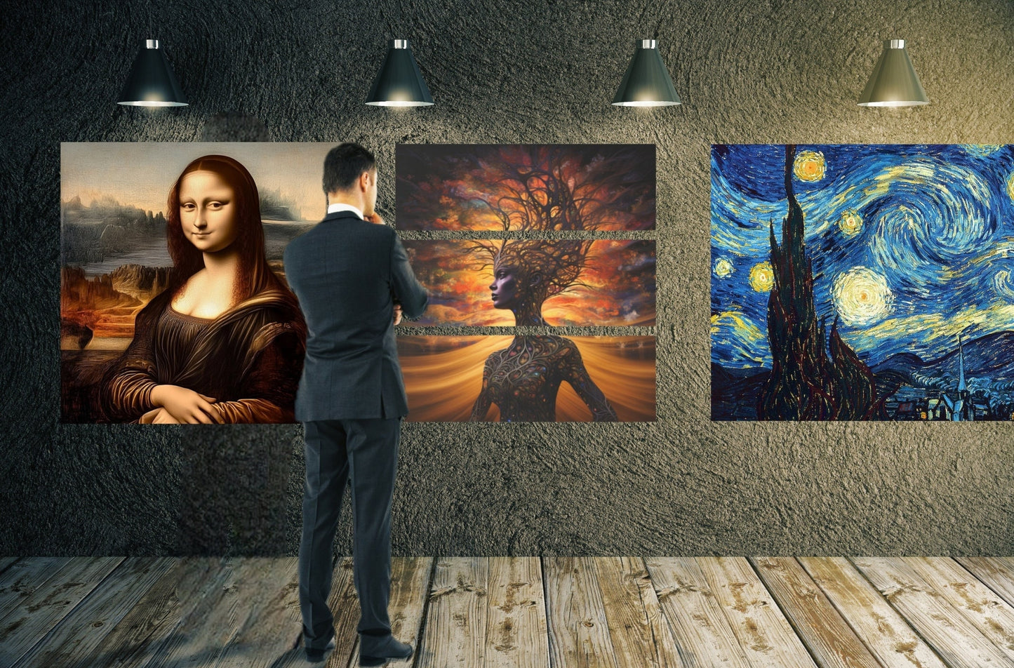 Breathtaking Image of Mother Earth on 3 Piece Acrylic Art. She is a Beautiful Woman of Flawless Brown Skin and her Body is made from Vines and Tree Branches as she stands in front of a golden sunset Sky. www. Scorpiontees.etsy.com