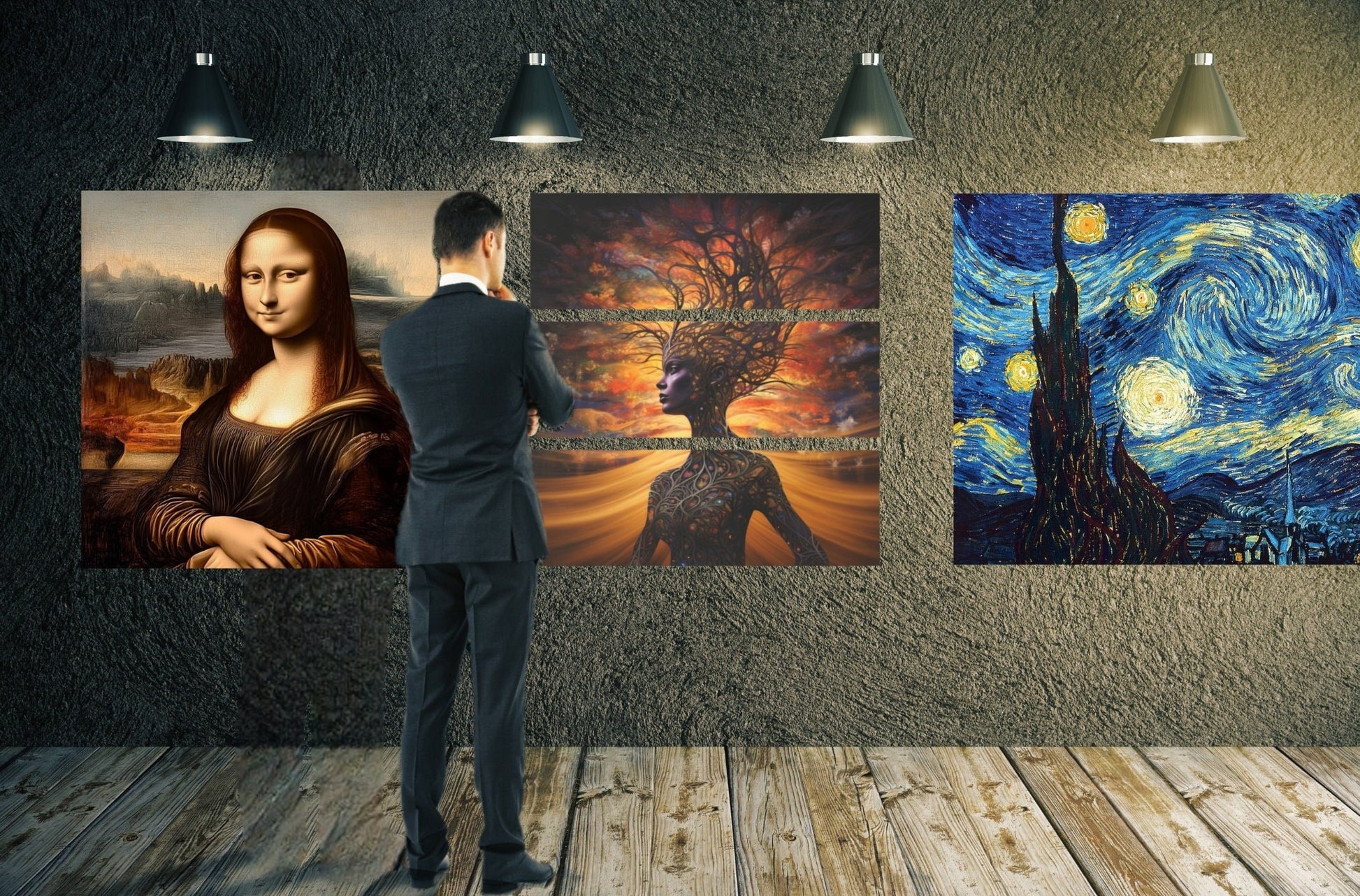 Breathtaking Image of Mother Earth on 3 Piece Acrylic Art. She is a Beautiful Woman of Flawless Brown Skin and her Body is made from Vines and Tree Branches as she stands in front of a golden sunset Sky. www. Scorpiontees.etsy.com