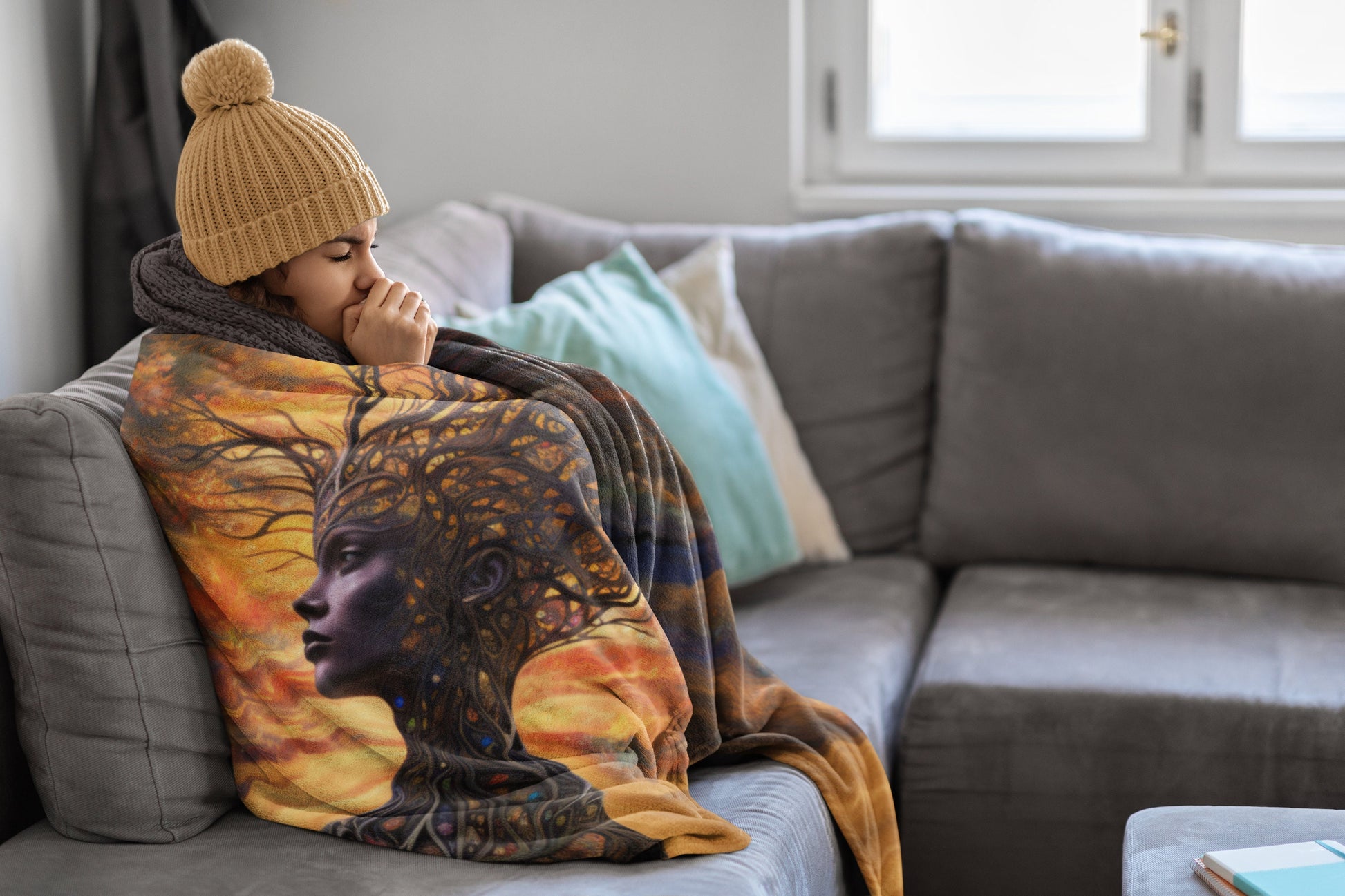 Beautiful, Warm and Cozy Mother Earth Blanket.  Available   Features a beautiful brown skin woman and her body is made of tree branches.  There is a golden sky at sunset behind her.  www.scorpiontees.etsy.com
