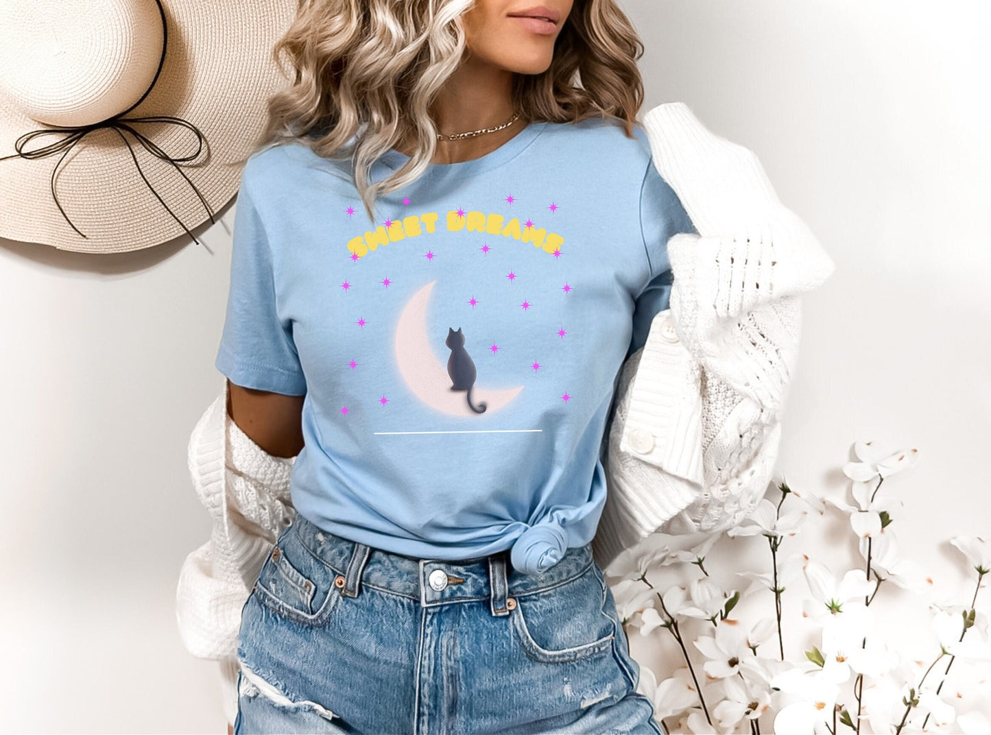 Cat Moon shirt, Cat Star shirt, Sweet Dreams cat on moon shirt, Cat moon star shirt, Cat Gift shirt, night sky cat sitting on the moon shirt