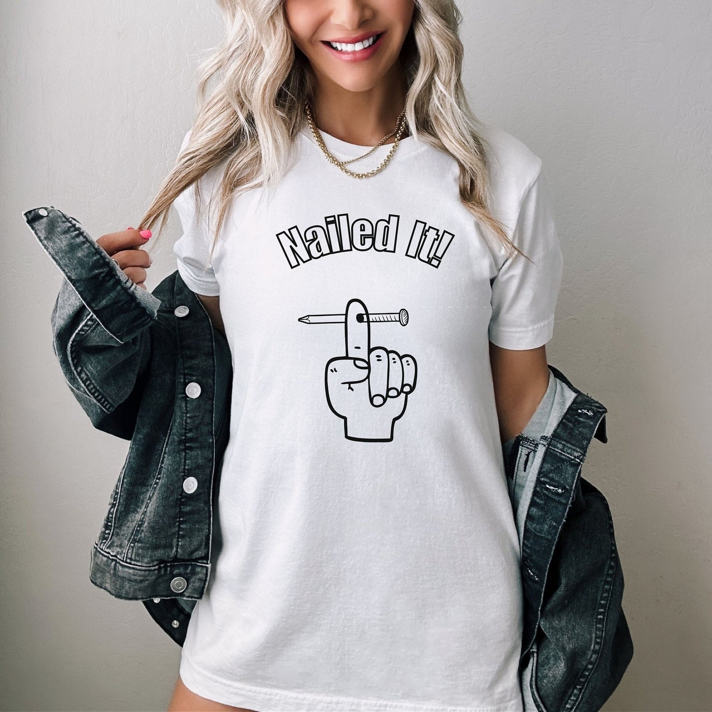 Nailed it T shirt, Nail through finger design shirt, Handyman graphic tee, carpenters nailed it Graphic shirt, project completed right Tee