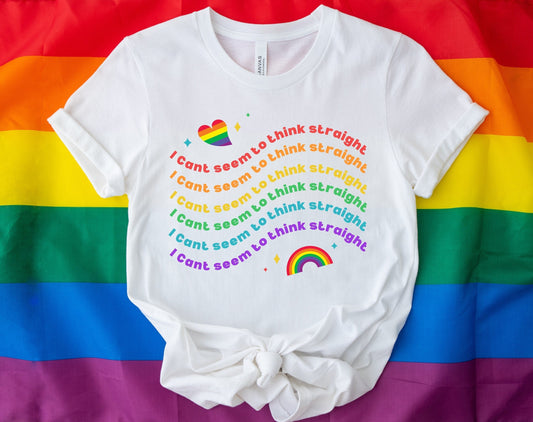 i cant seem to think straight gay pride rainbow T shirt, Rainbow color letter curved lines shirt, red orange yellow green blue purple shirt