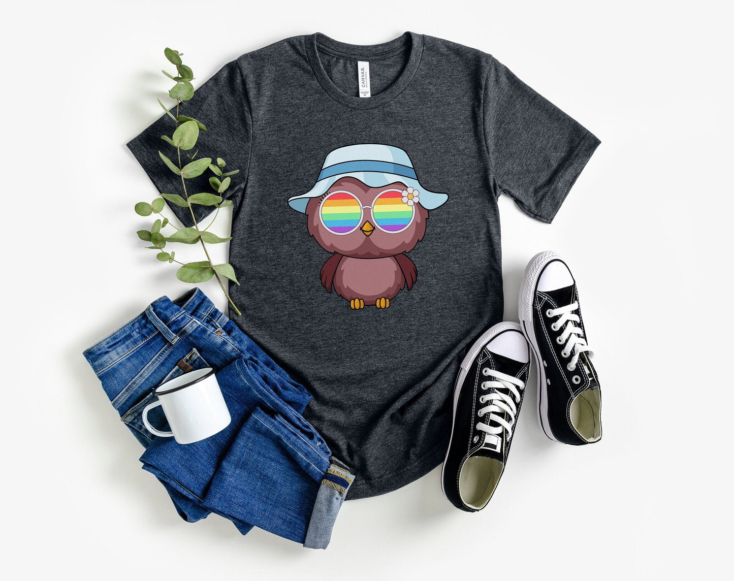 Super cute owl with rainbow glasses shirt blue hat, Rainbow glasses on an adorable owl, precious owl showing off pride. Beautiful pride owl