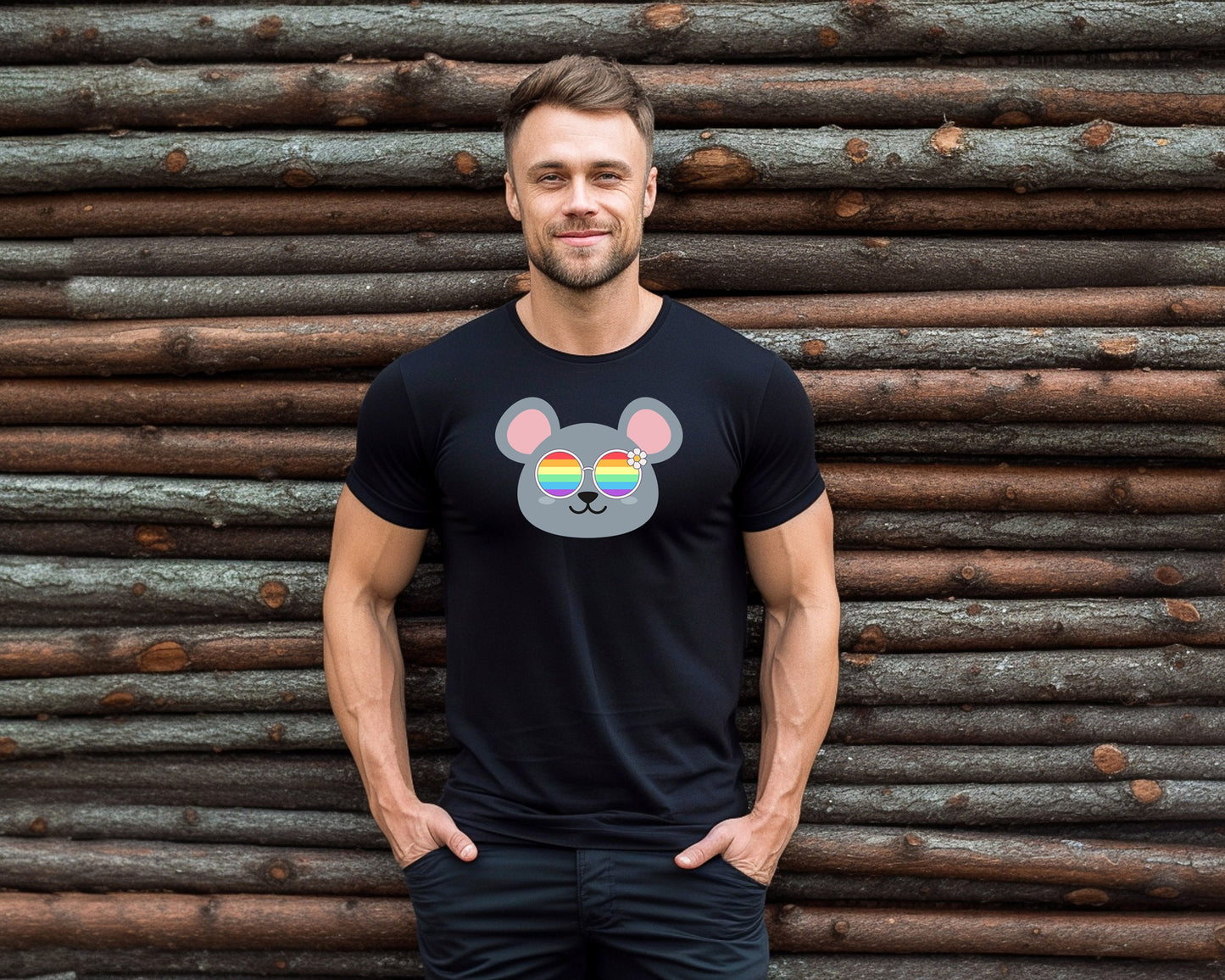 cute mouse rainbow glasses shirt blue hat, Rainbow glasses on an adorable mouse, precious mouse showing off pride. Beautiful pride mouse