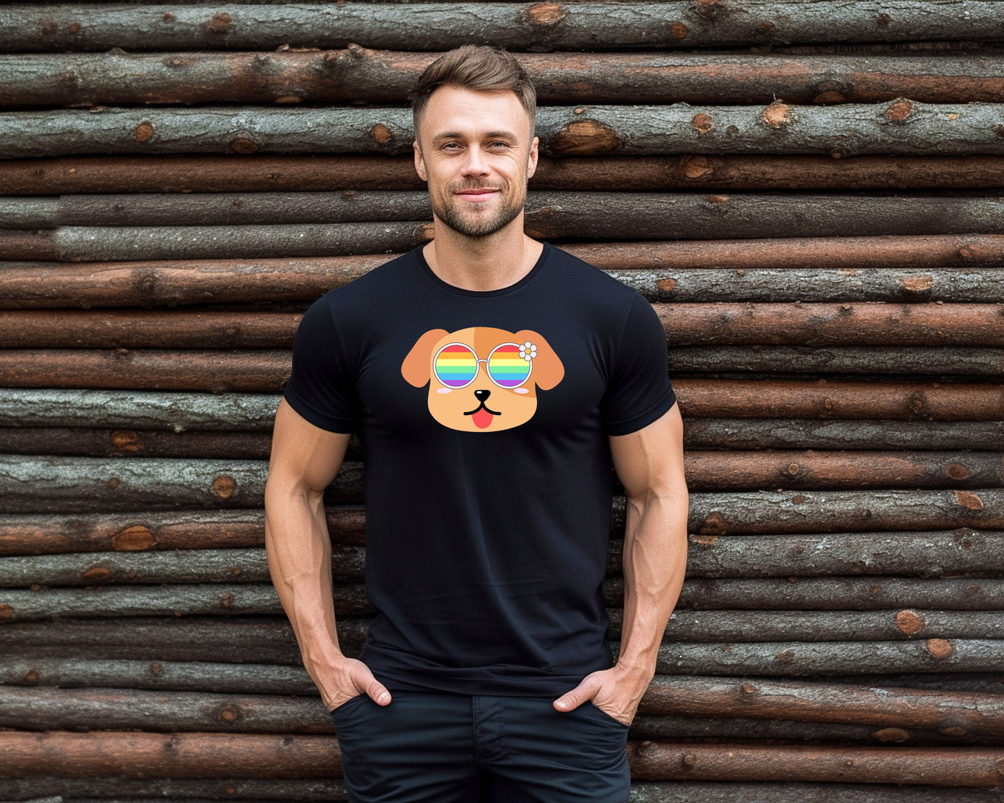 Super cute dog with rainbow glasses shirt blue hat, Rainbow glasses on an adorable dog, precious dog showing off pride. Beautiful pride dog