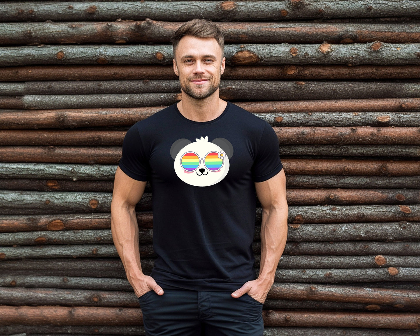 cute panda rainbow glasses shirt blue hat, Rainbow glasses on an adorable panda, precious panda showing off pride. Beautiful pride panda