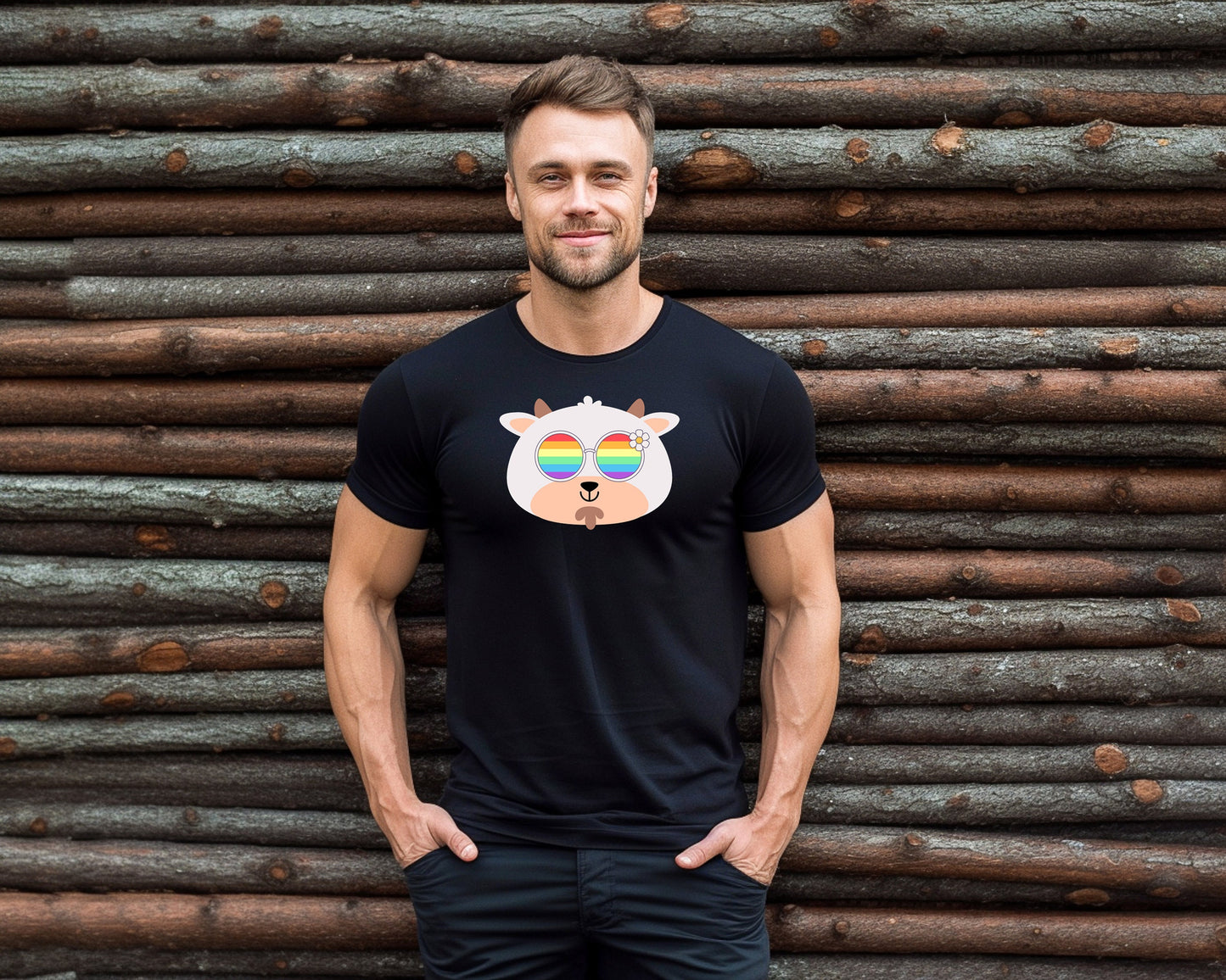 Super cute goat with rainbow glasses shirt, Rainbow glasses on an adorable goat, precious goat showing off pride. Beautiful pride goat