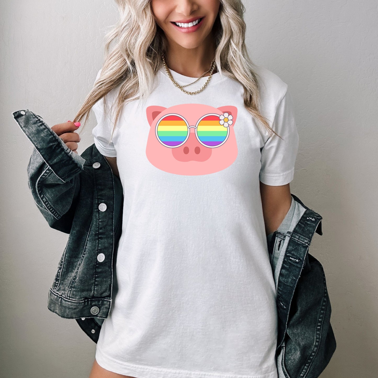 Super cute piggy rainbow glasses blue hat shirt, Rainbow glasses on an adorable pig, precious pig showing off pride. Beautiful pride pig
