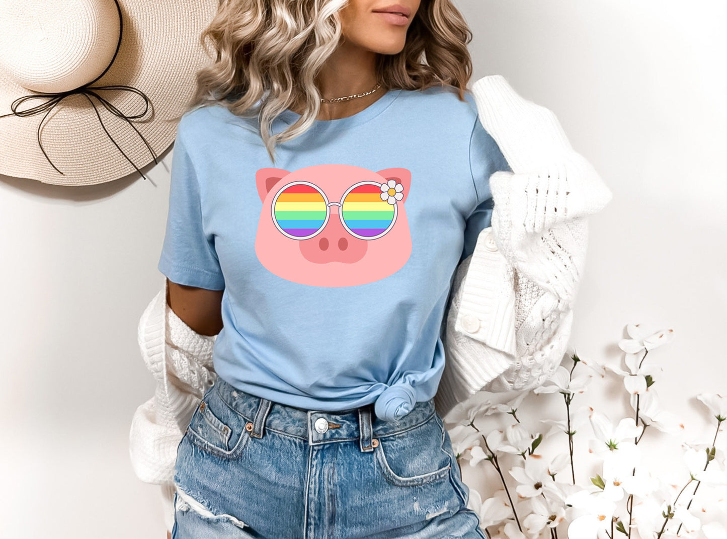 Super cute piggy rainbow glasses blue hat shirt, Rainbow glasses on an adorable pig, precious pig showing off pride. Beautiful pride pig