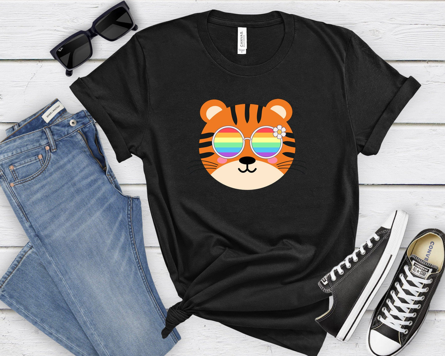 cute tiger rainbow glasses shirt blue hat, Rainbow glasses on an adorable tiger, precious tiger showing off pride. Beautiful pride tiger