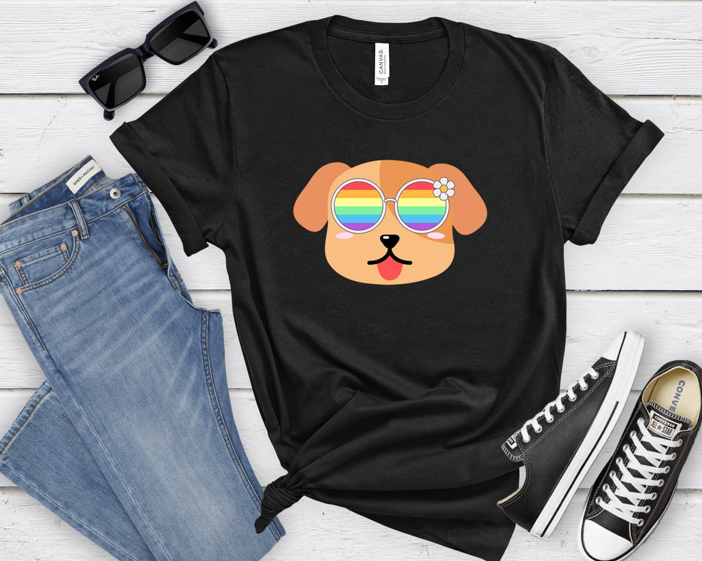 Super cute dog with rainbow glasses shirt blue hat, Rainbow glasses on an adorable dog, precious dog showing off pride. Beautiful pride dog
