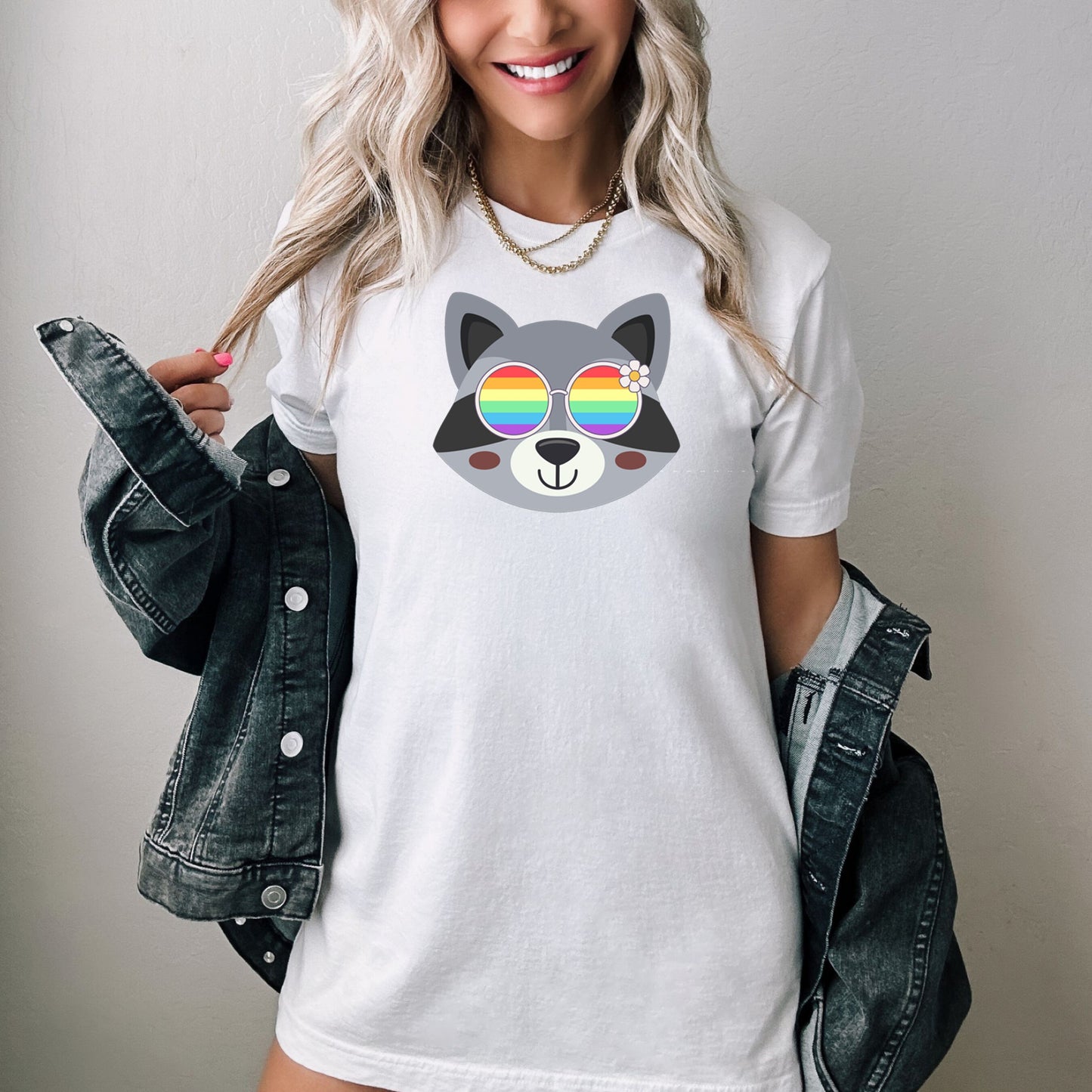 cute racoon with rainbow glasses shirt, Rainbow glasses on an adorable racoon, precious racoon showing off pride. Beautiful pride racoon