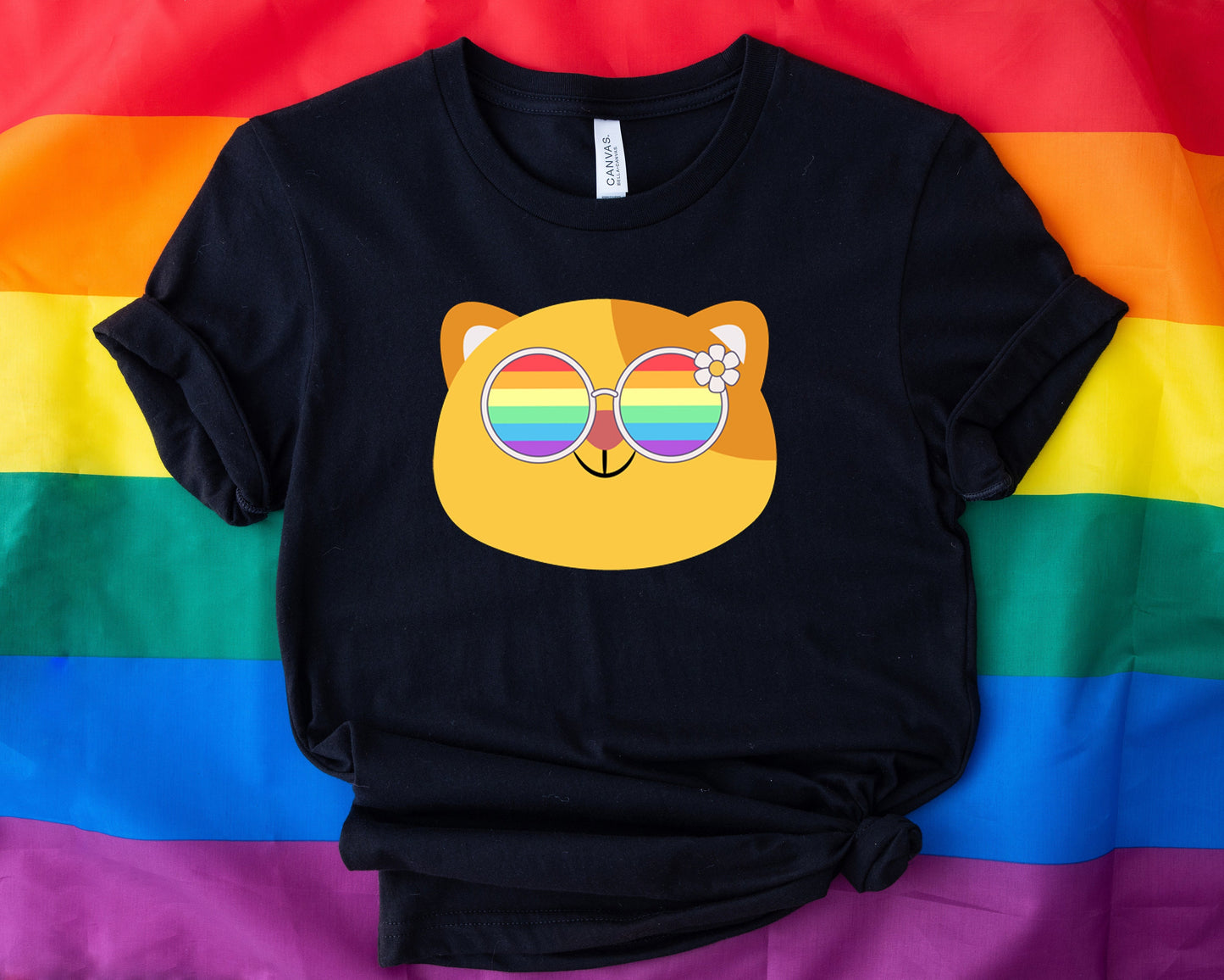 Super cute cat with rainbow glasses shirt blue hat, Rainbow glasses on an adorable cat, precious cat showing off pride. Beautiful pride cat