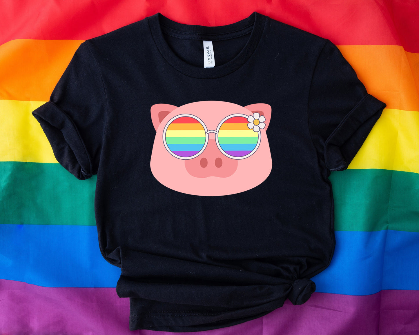 Super cute piggy rainbow glasses blue hat shirt, Rainbow glasses on an adorable pig, precious pig showing off pride. Beautiful pride pig