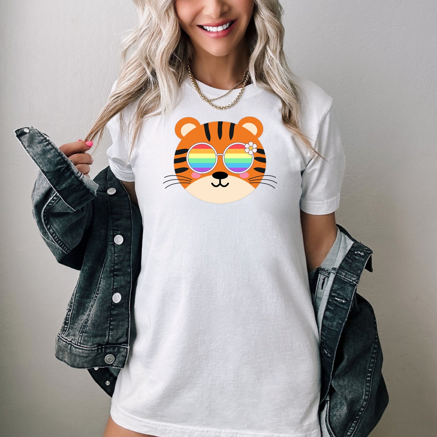 cute tiger rainbow glasses shirt blue hat, Rainbow glasses on an adorable tiger, precious tiger showing off pride. Beautiful pride tiger