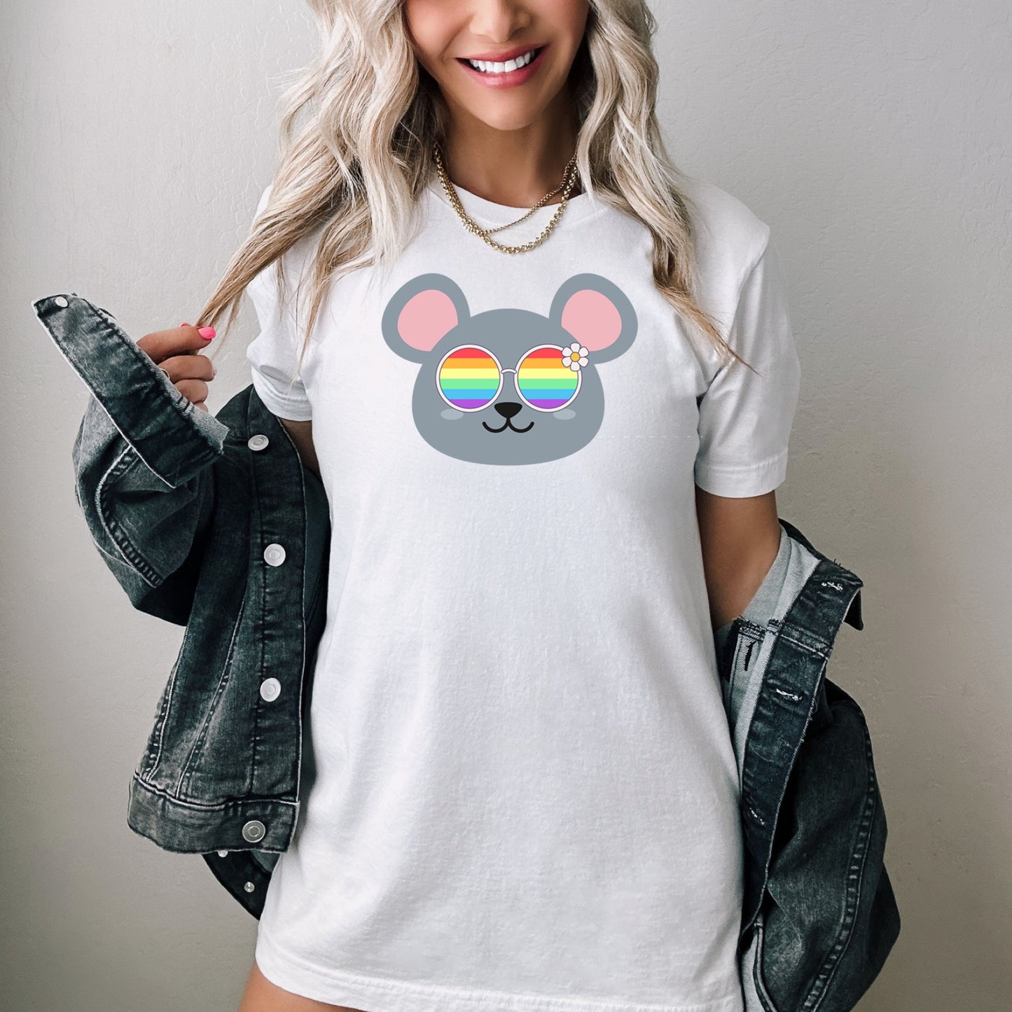 cute mouse rainbow glasses shirt blue hat, Rainbow glasses on an adorable mouse, precious mouse showing off pride. Beautiful pride mouse