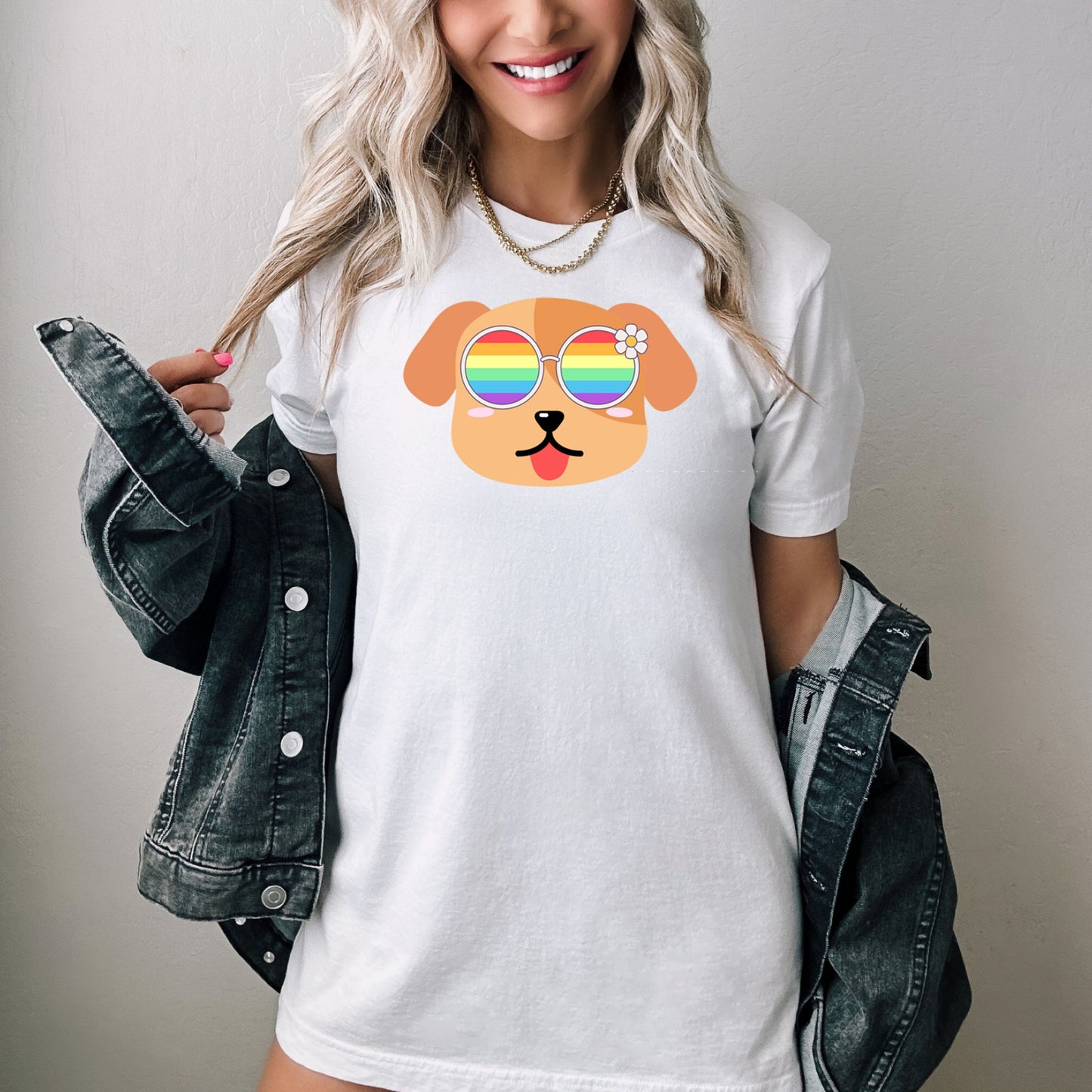 Super cute dog with rainbow glasses shirt blue hat, Rainbow glasses on an adorable dog, precious dog showing off pride. Beautiful pride dog