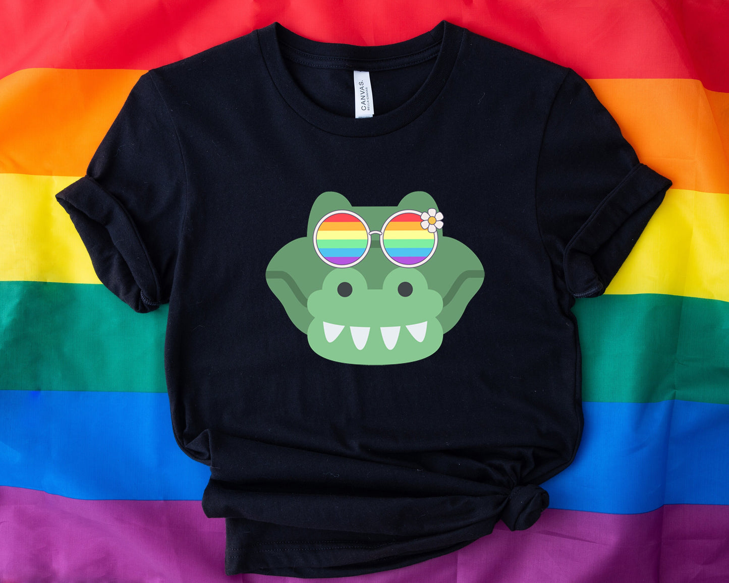 Super cute gator with rainbow glasses shirt, Rainbow glasses on an adorable gator, precious gator showing off pride. Beautiful pride gator