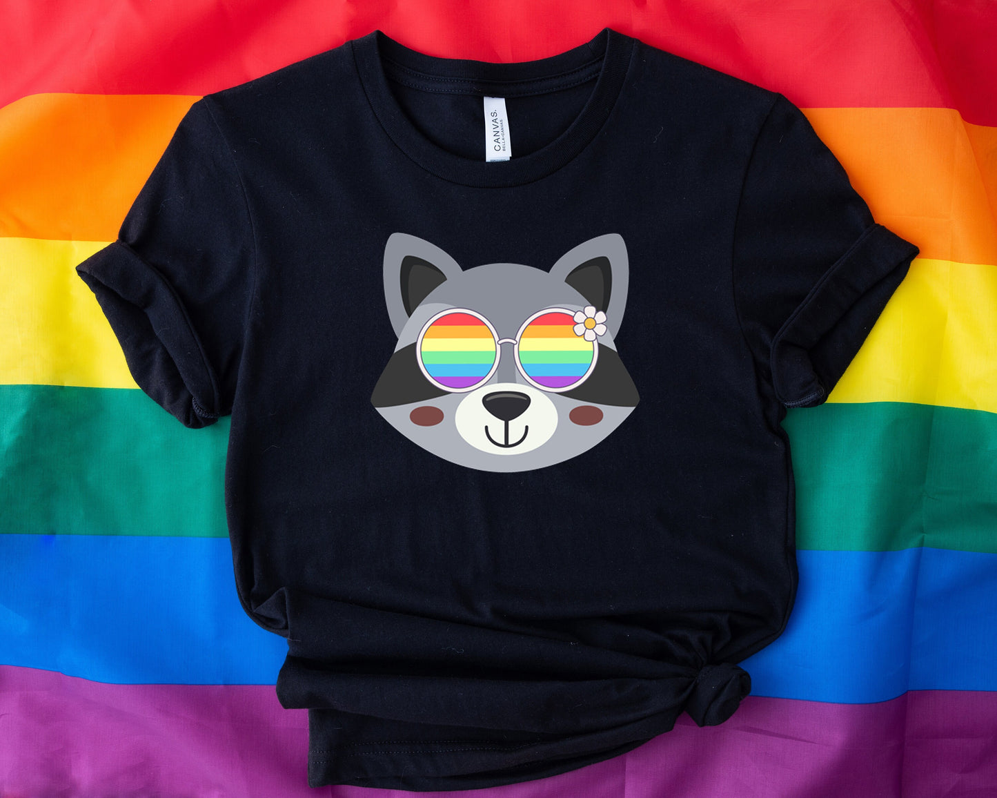 cute racoon with rainbow glasses shirt, Rainbow glasses on an adorable racoon, precious racoon showing off pride. Beautiful pride racoon