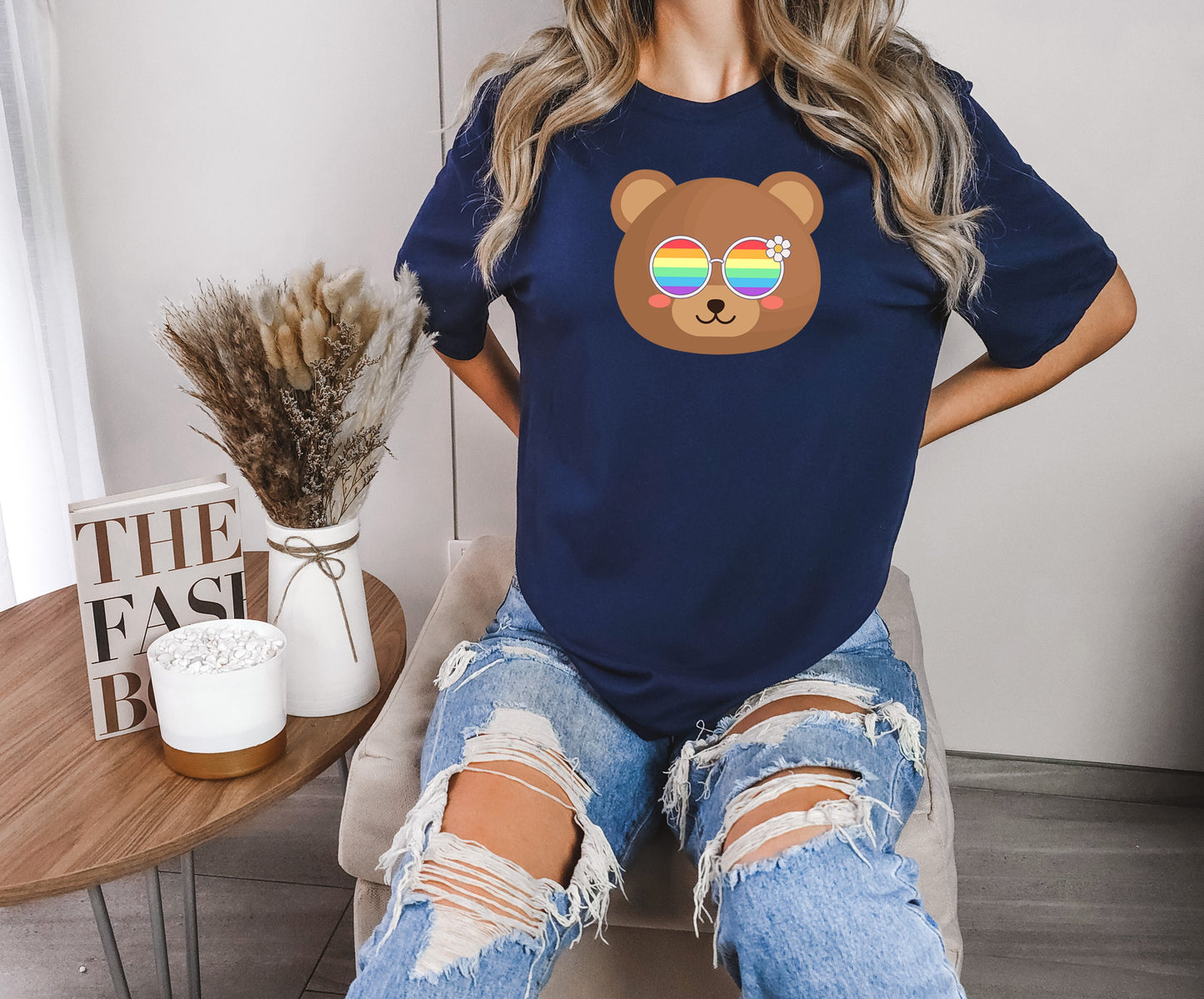 cute bear with rainbow glasses shirt blue hat, Rainbow glasses on an adorable bear, precious bear showing off pride. Beautiful pride bear