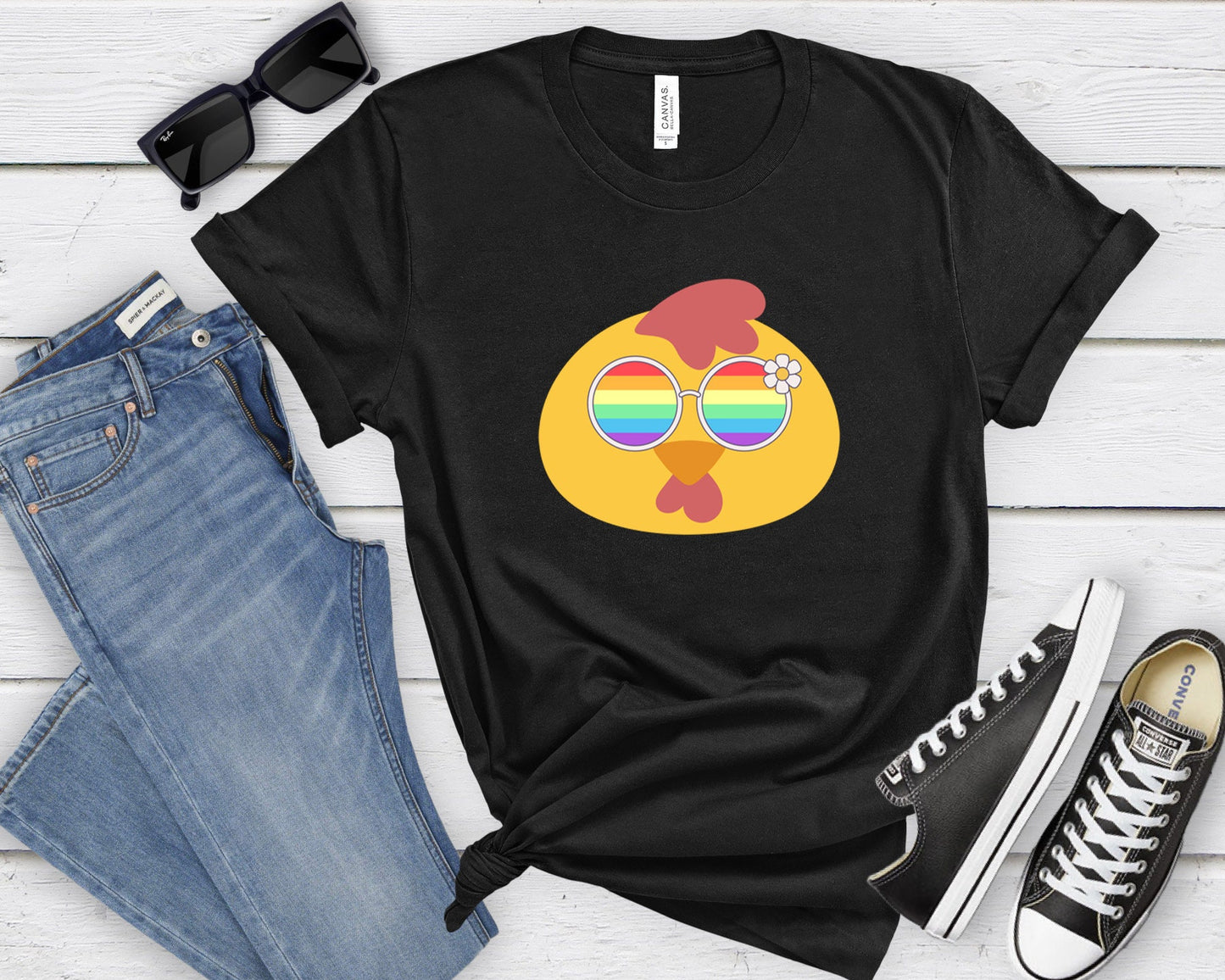 cute chicken with rainbow glasses shirt, Rainbow glasses on an adorable chicken, precious chicken showing off pride. Beautiful pride chicken