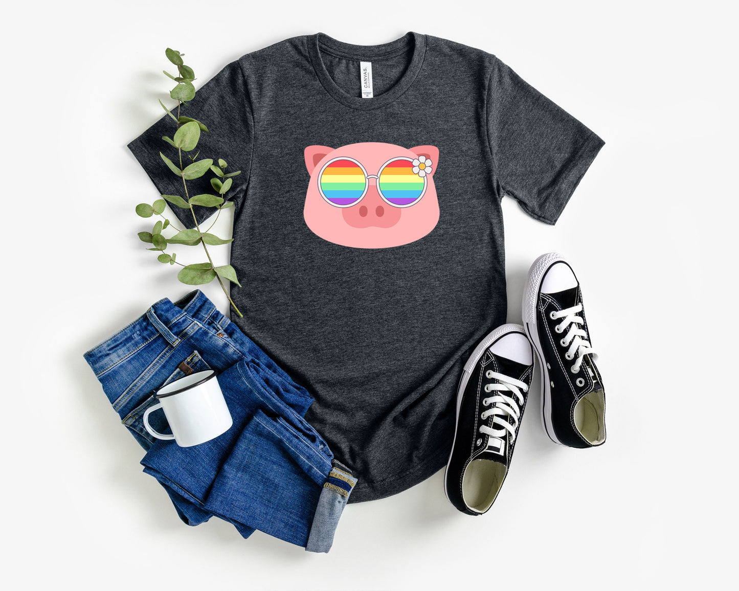 Super cute piggy rainbow glasses blue hat shirt, Rainbow glasses on an adorable pig, precious pig showing off pride. Beautiful pride pig