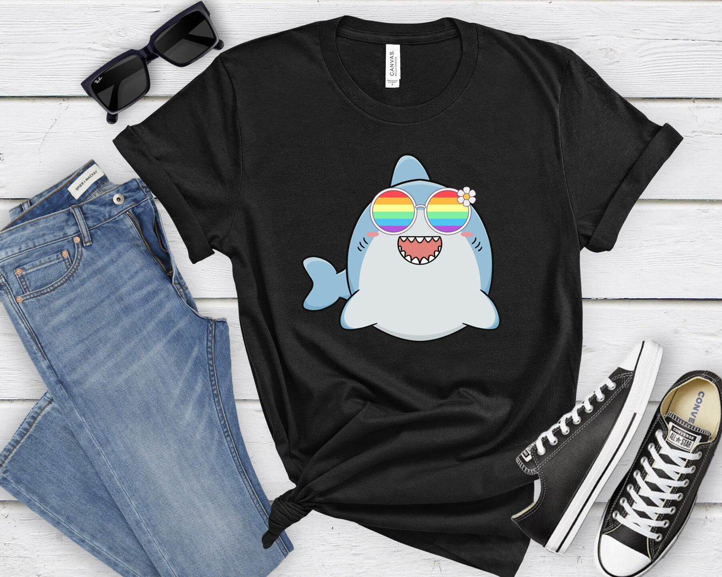 cute shark rainbow glasses shirt blue hat, Rainbow glasses on an adorable shark, precious shark showing off pride. Beautiful pride shark