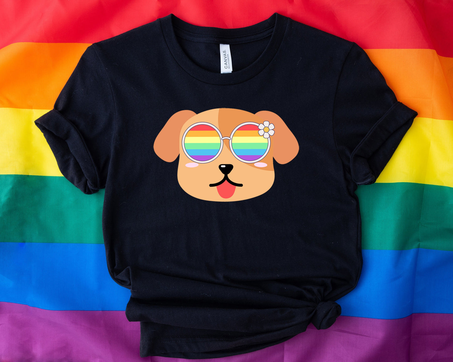 Super cute dog with rainbow glasses shirt blue hat, Rainbow glasses on an adorable dog, precious dog showing off pride. Beautiful pride dog